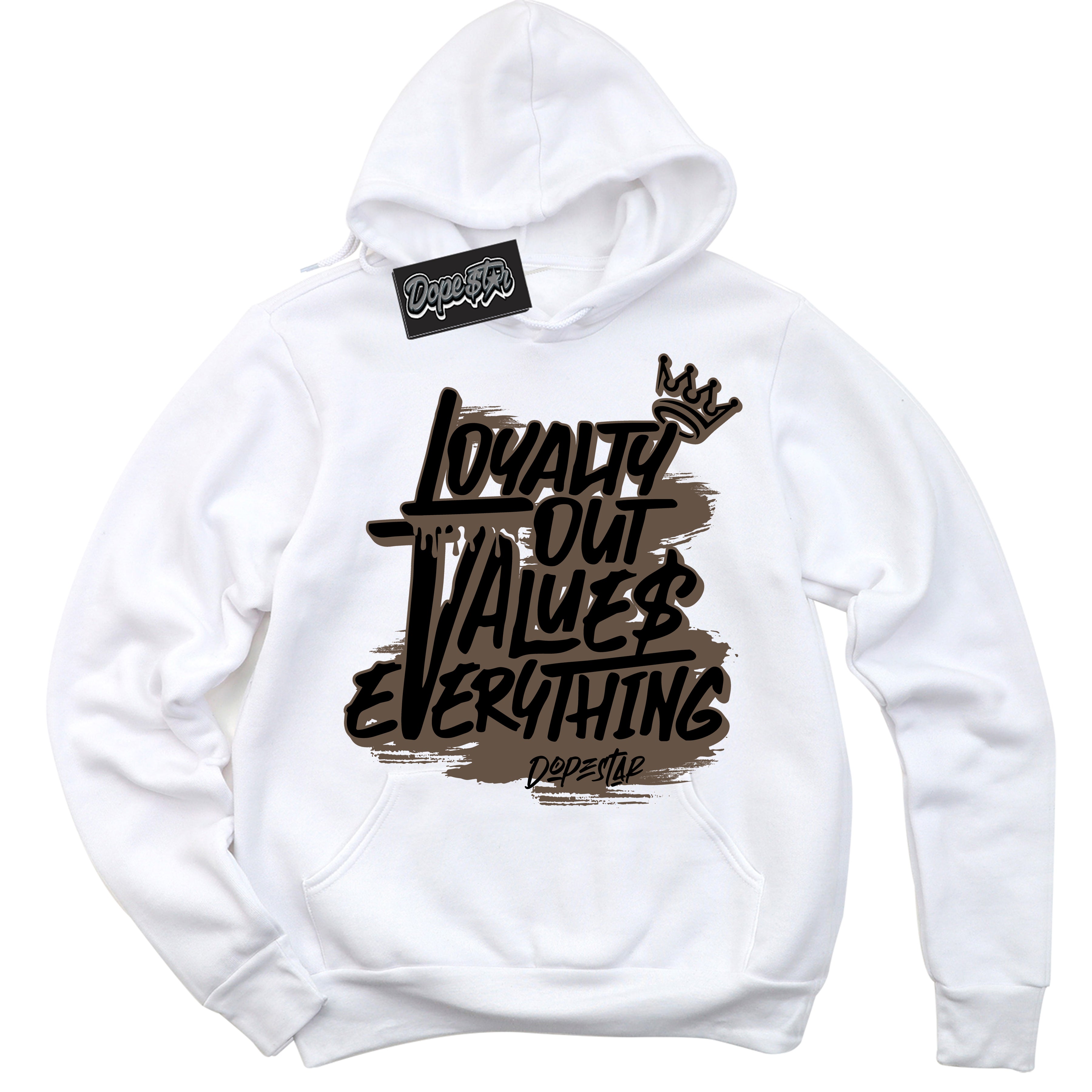 Cool White Hoodie with “Loyalty Out Values Everything” design that Perfectly Matches Jumpman Jack TR Travis Scott Dark Mocha Sneakers.