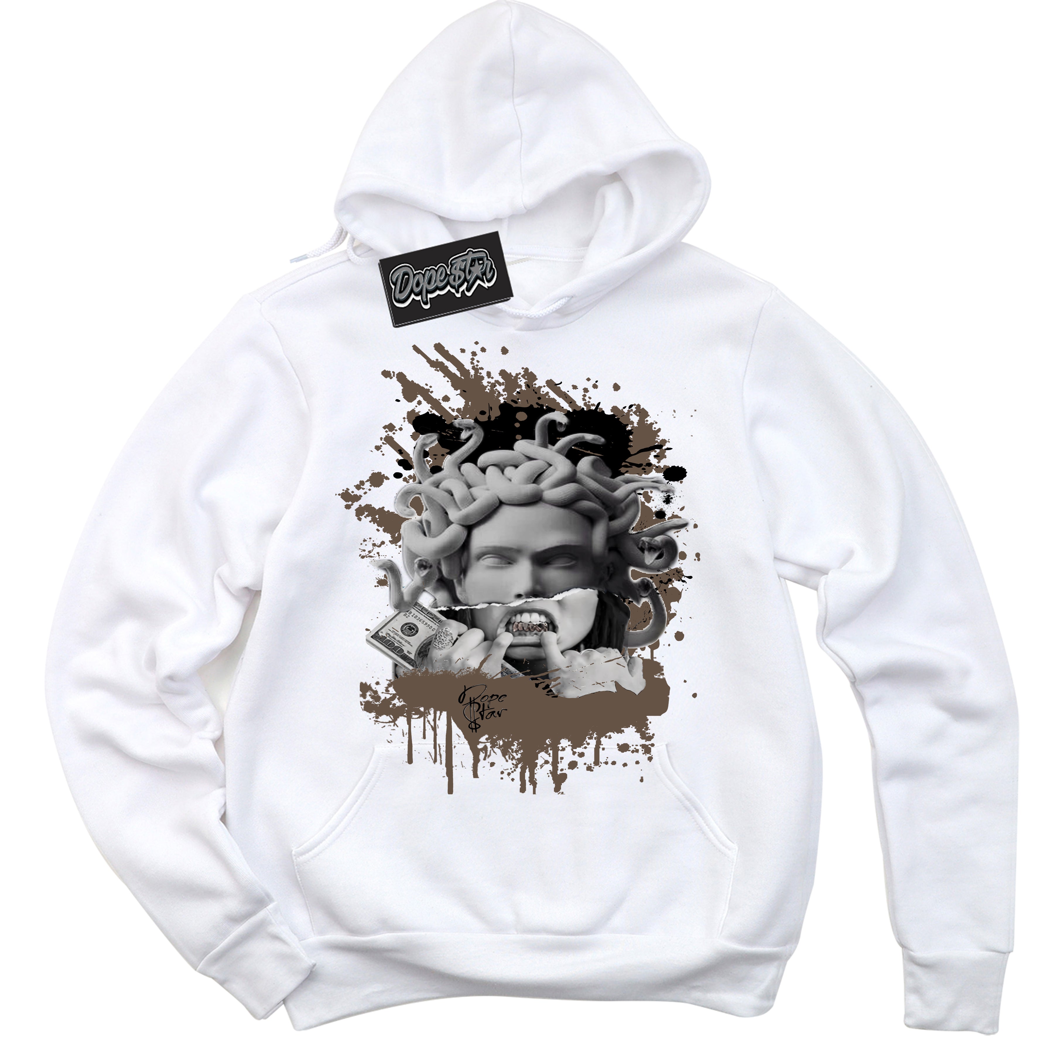 Cool White Hoodie with “Medusa” design that Perfectly Matches Jumpman Jack TR Travis Scott Dark Mocha Sneakers.