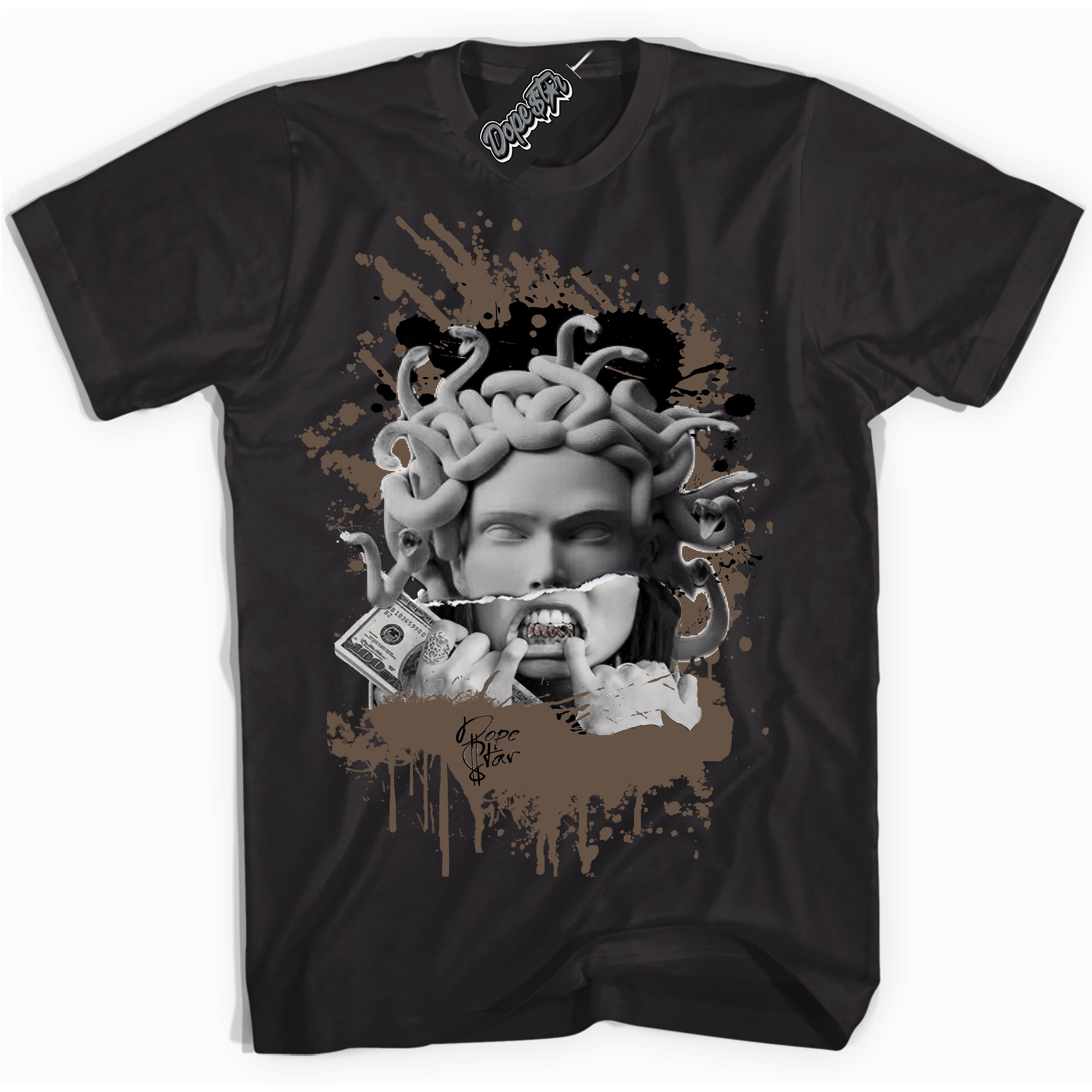 Cool Black Shirt with “Medusa” design that perfectly matches the Jumpman Jack TR Travis Scott Dark Mocha Sneakers.