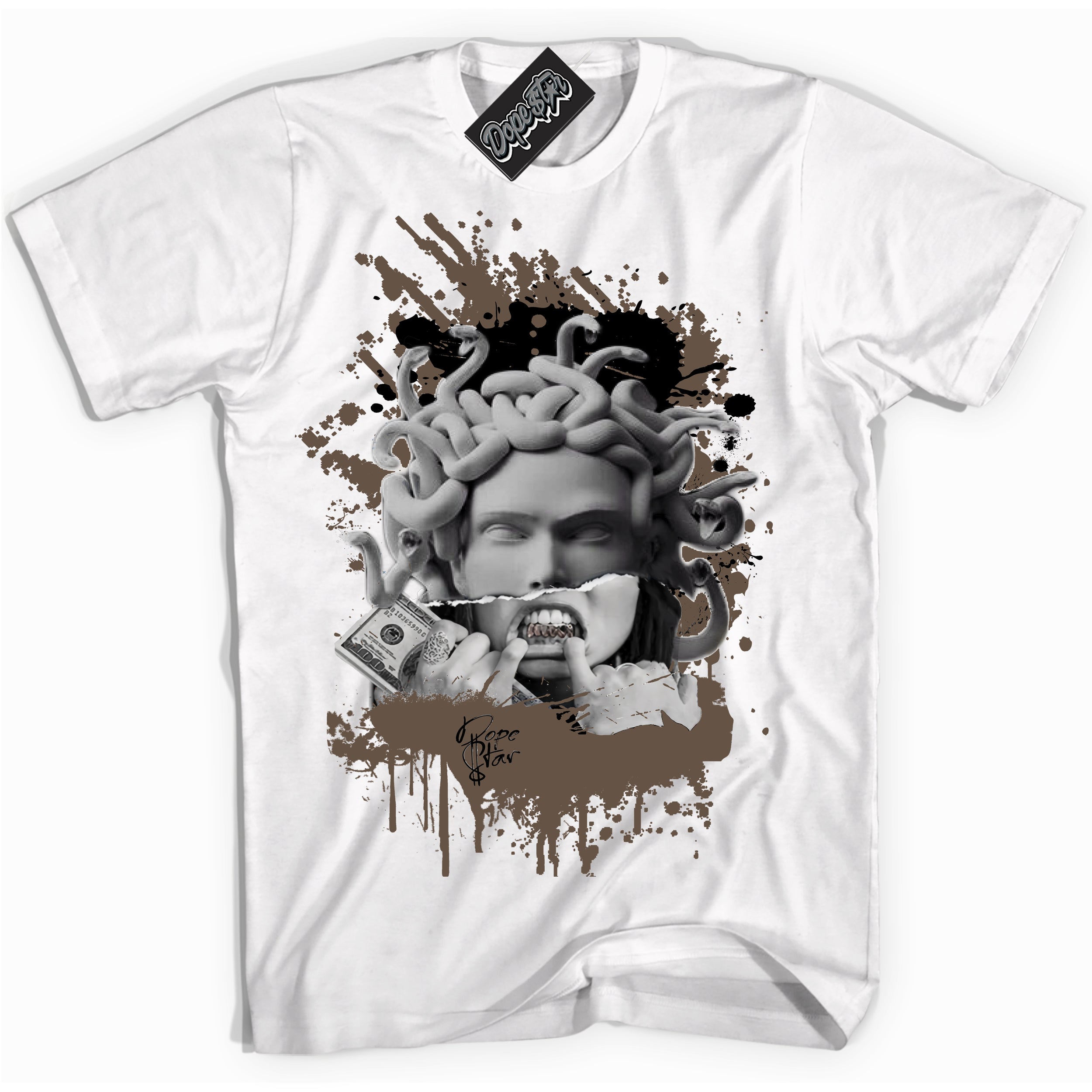 Cool White Shirt with “Medusa” design that perfectly matches the Jumpman Jack TR Travis Scott Dark Mocha Sneakers.