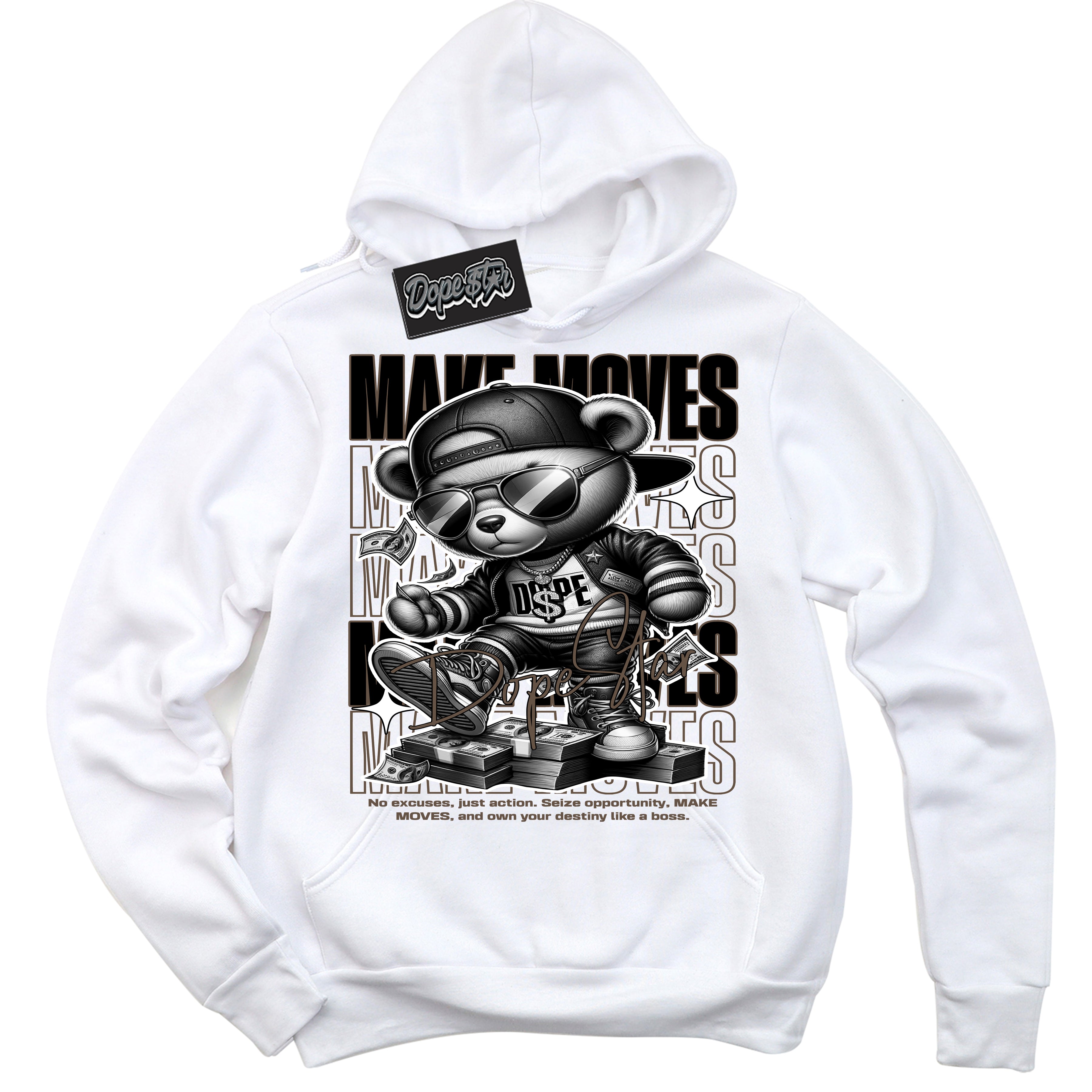 Cool White Hoodie with “Make Moves” design that Perfectly Matches Jumpman Jack TR Travis Scott Dark Mocha Sneakers.