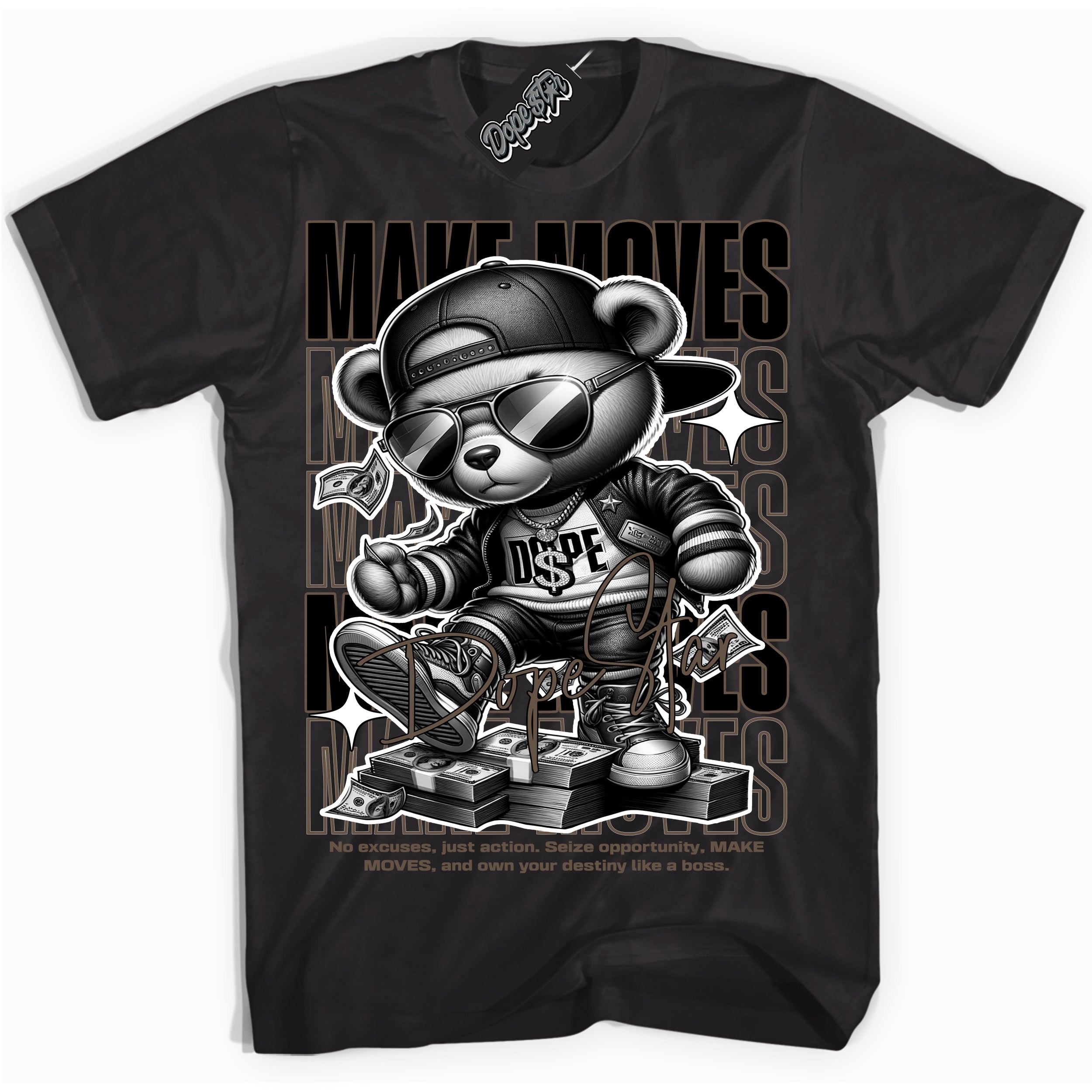 Cool Black Shirt with “Make Moves” design that perfectly matches the Jumpman Jack TR Travis Scott Dark Mocha Sneakers.