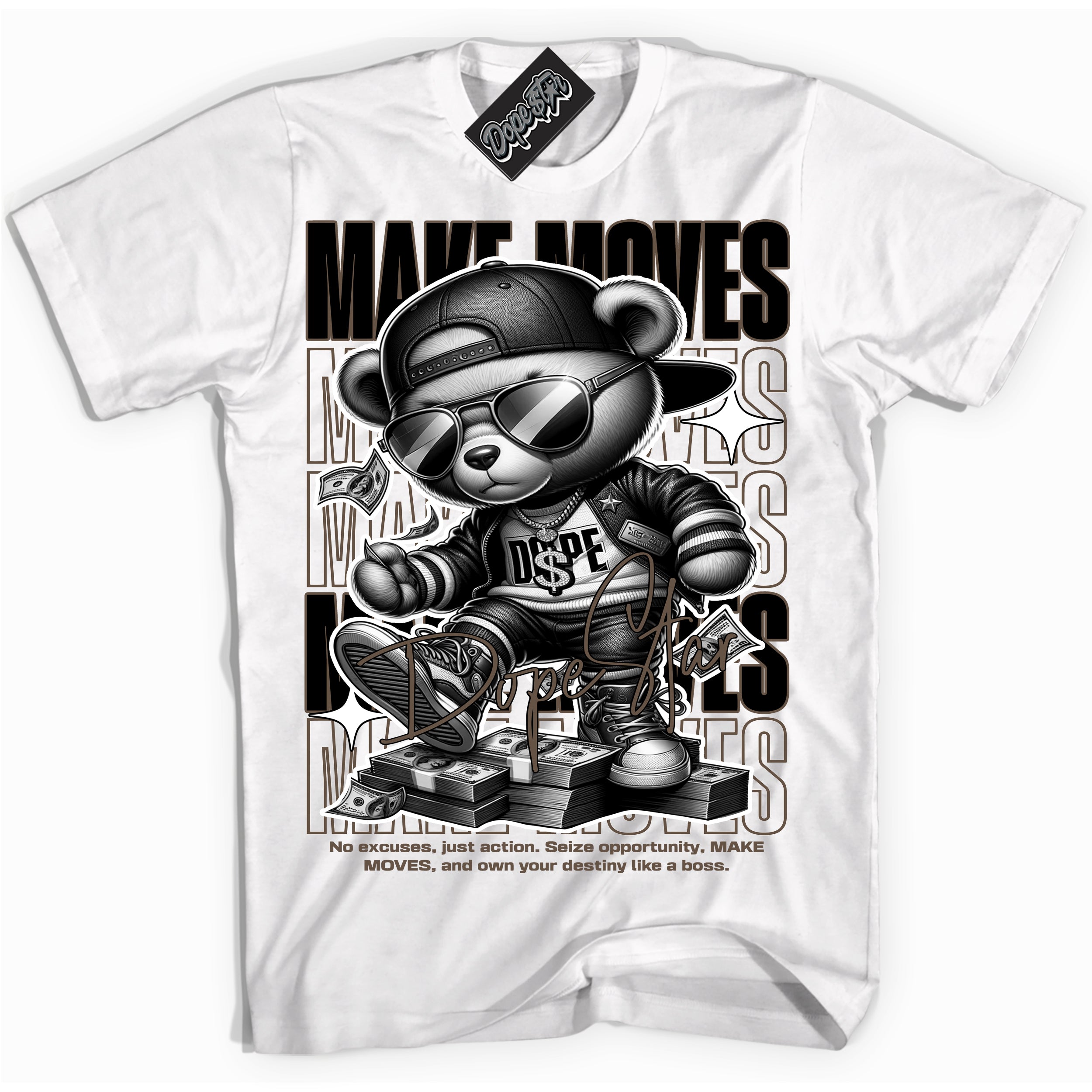 Cool White Shirt with “Make Moves” design that perfectly matches the Jumpman Jack TR Travis Scott Dark Mocha Sneakers.