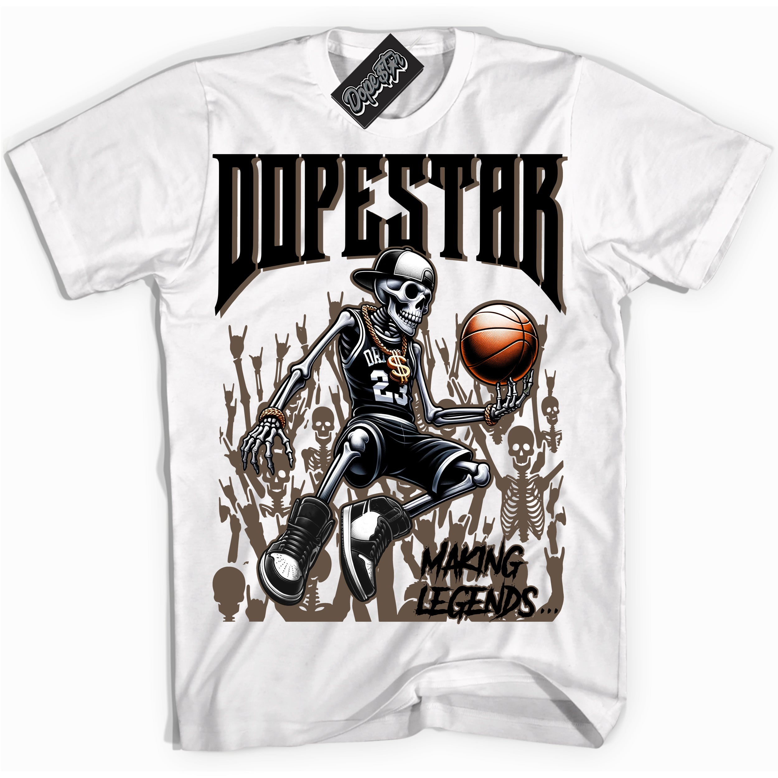 Cool White Shirt with “Making Legends” design that perfectly matches the Jumpman Jack TR Travis Scott Dark Mocha Sneakers.