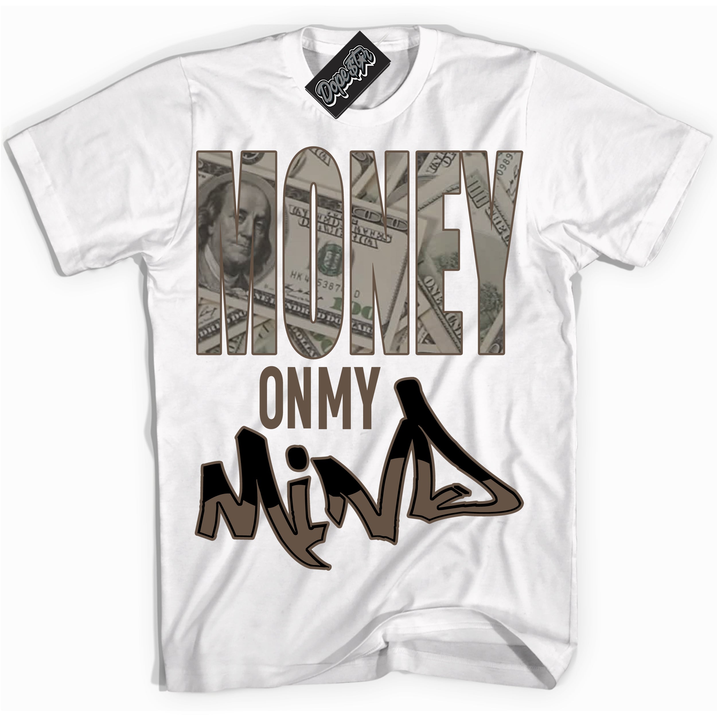 Cool White Shirt with “Money On My Mind” design that perfectly matches the Jumpman Jack TR Travis Scott Dark Mocha Sneakers.