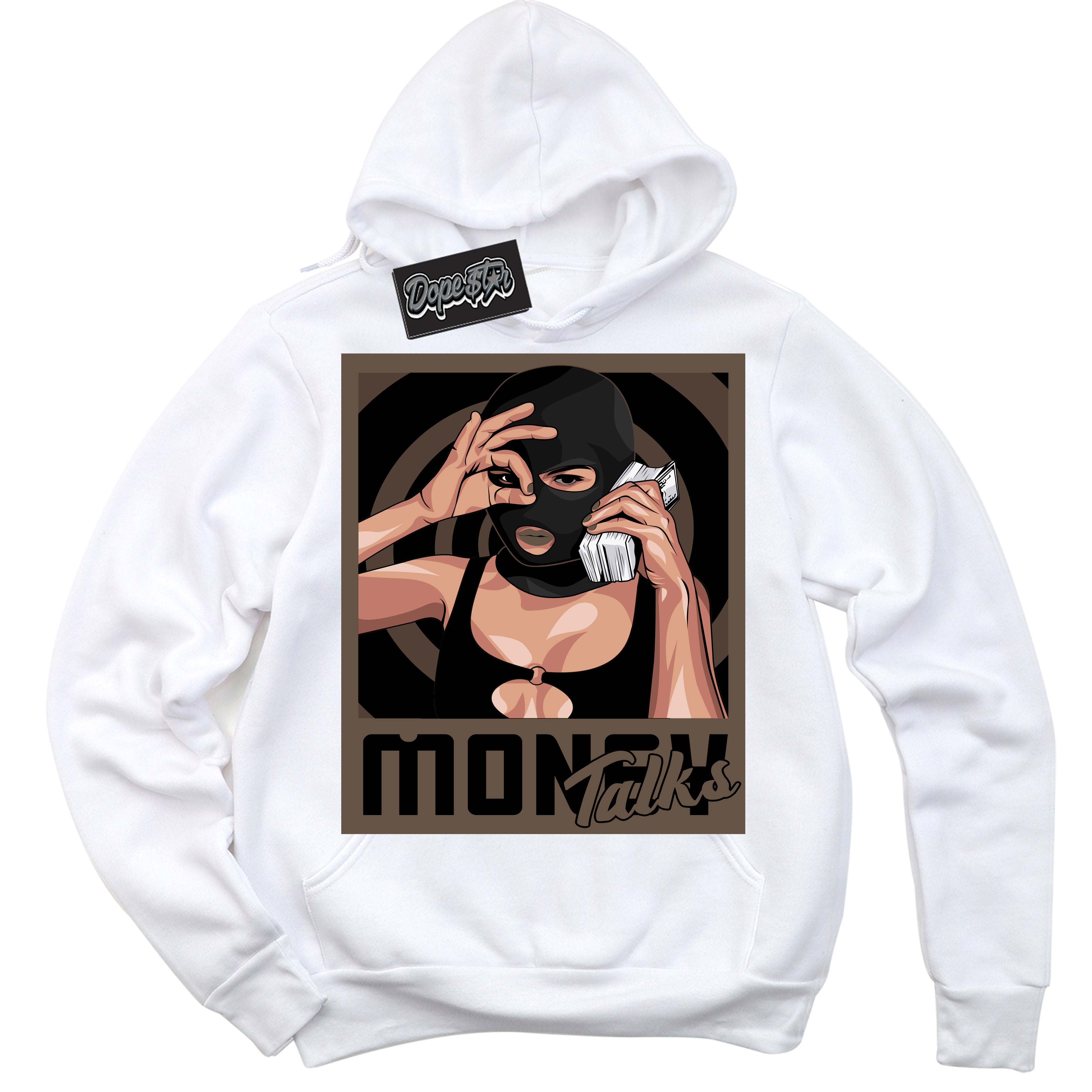 Cool White Hoodie with “Money Talks” design that Perfectly Matches Jumpman Jack TR Travis Scott Dark Mocha Sneakers.