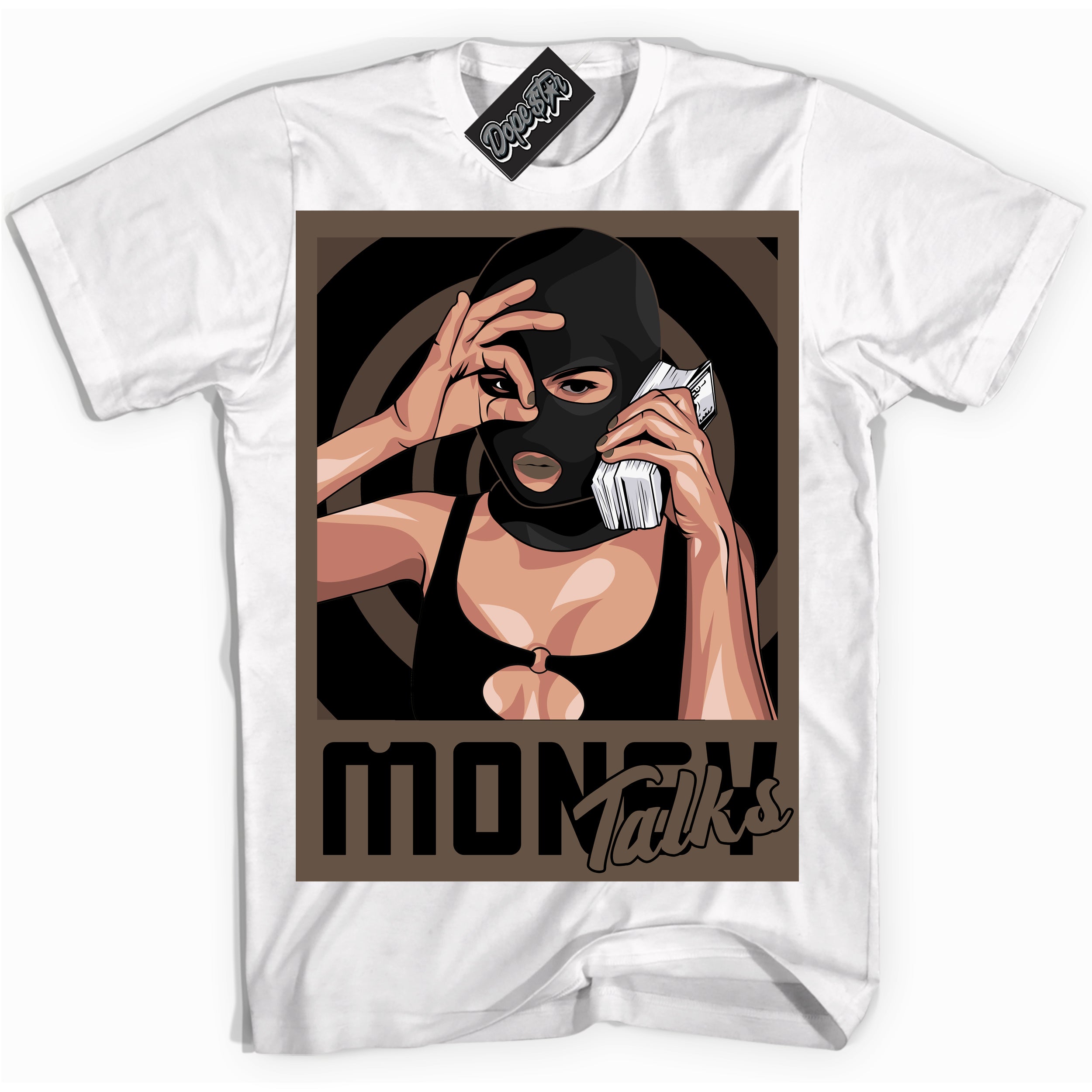Cool White Shirt with “Money Talks” design that perfectly matches the Jumpman Jack TR Travis Scott Dark Mocha Sneakers.