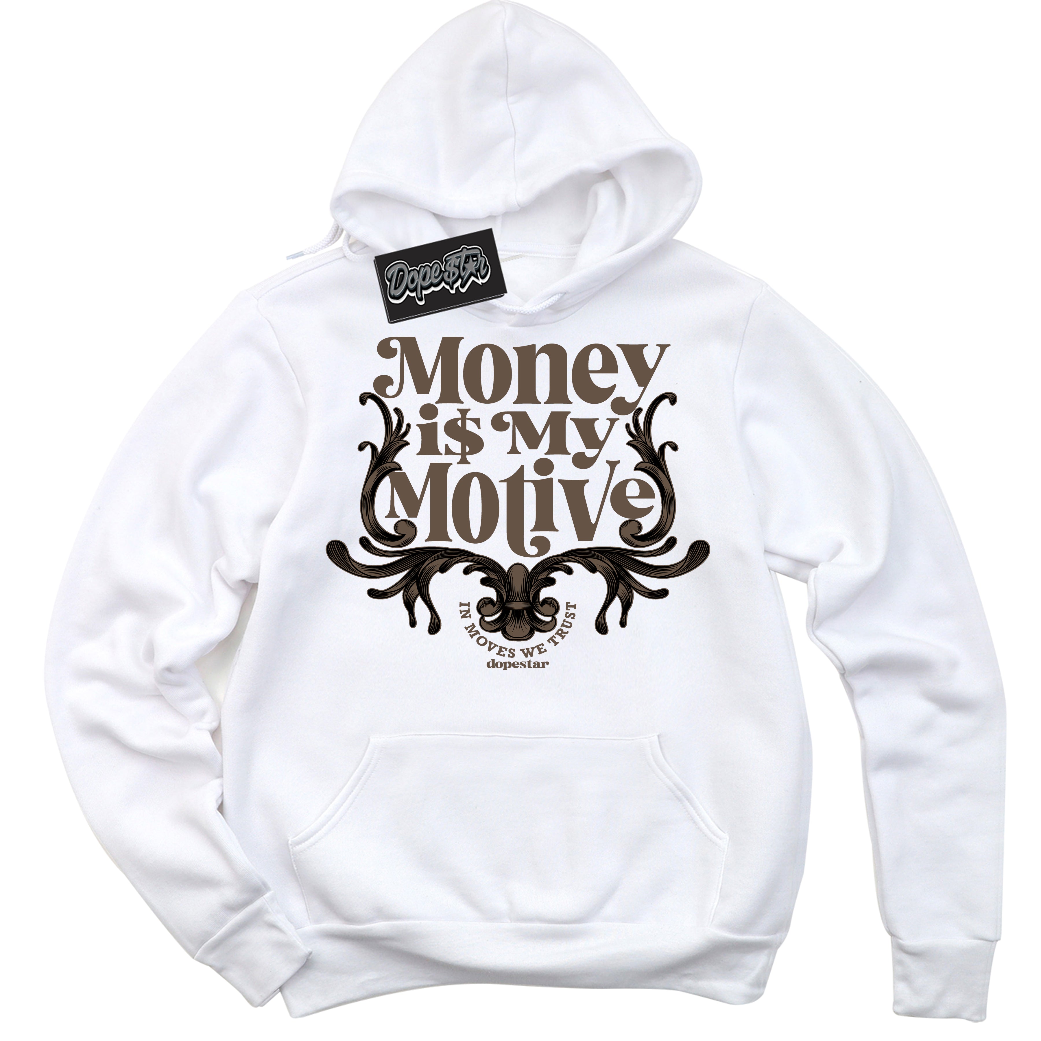 Cool White Hoodie with “Money Is My Motive” design that Perfectly Matches Jumpman Jack TR Travis Scott Dark Mocha Sneakers.