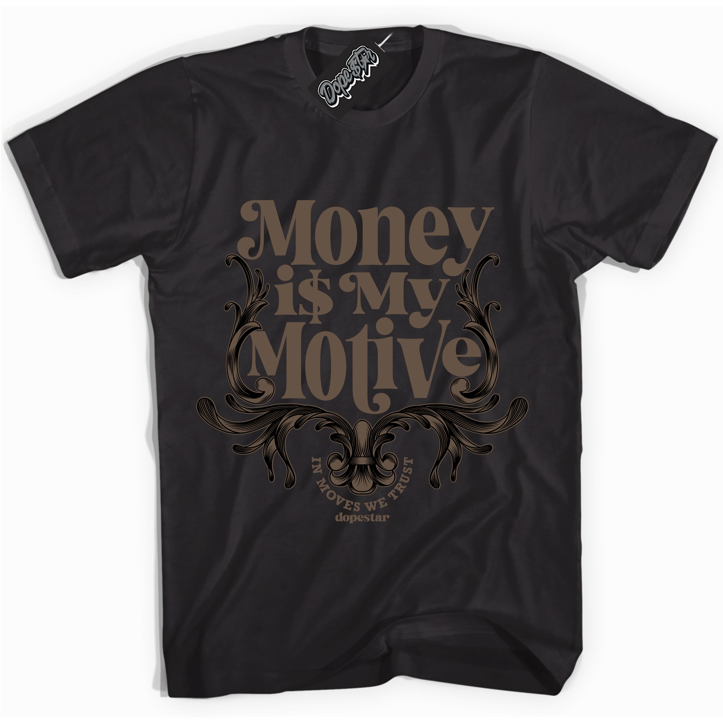 Cool Black Shirt with “Money Is My Motive” design that perfectly matches the Jumpman Jack TR Travis Scott Dark Mocha Sneakers.