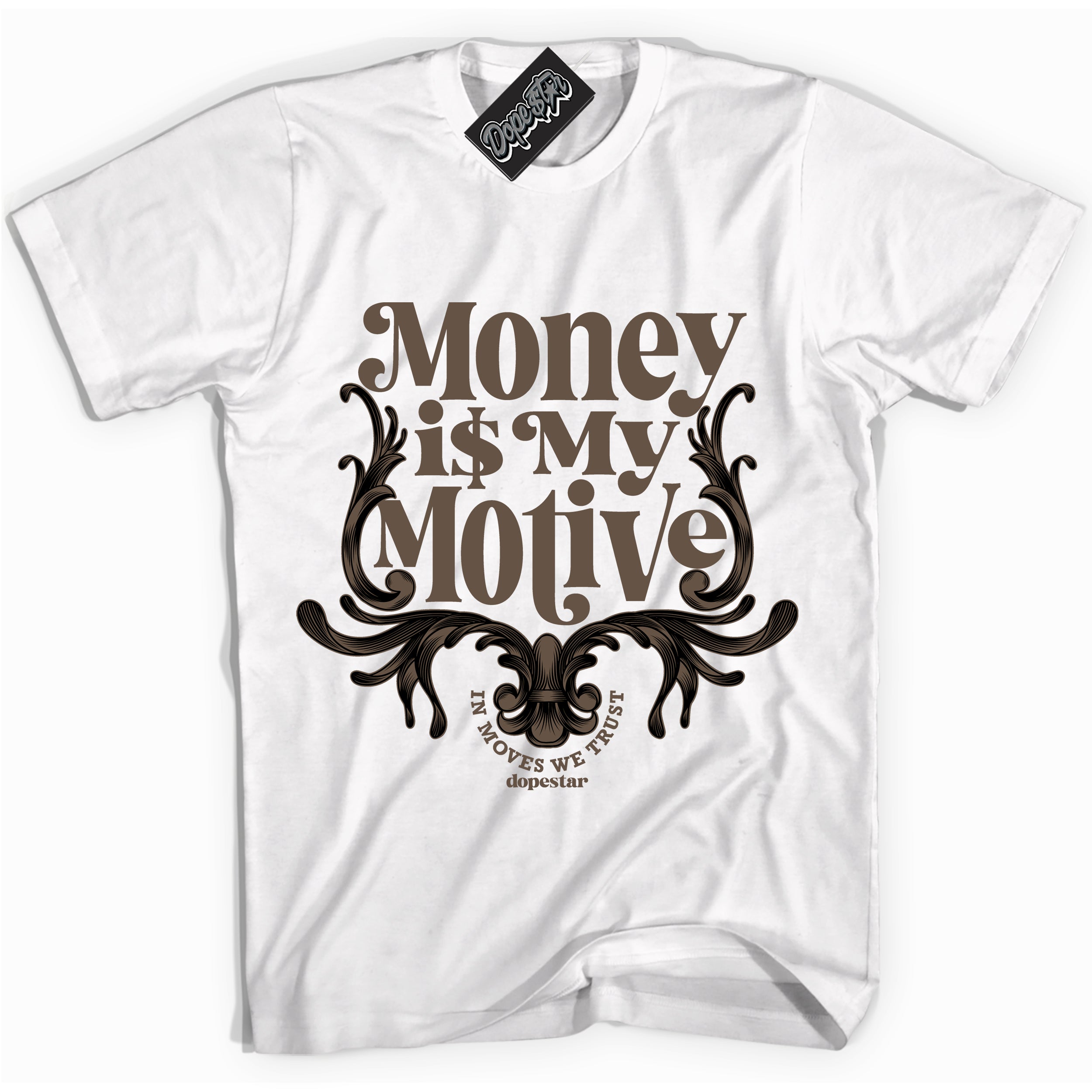 Cool White Shirt with “Money Is My Motive” design that perfectly matches the Jumpman Jack TR Travis Scott Dark Mocha Sneakers.