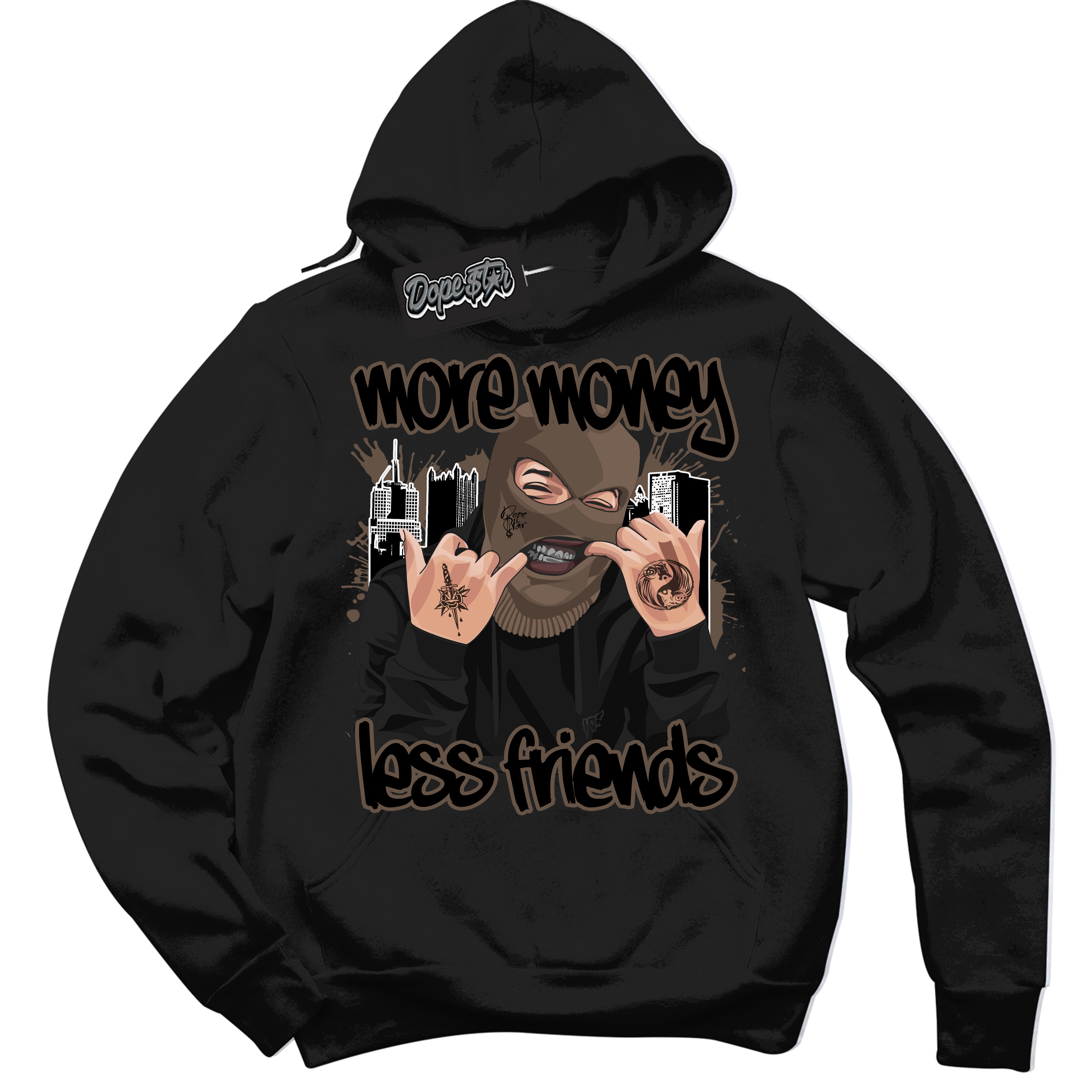 Cool Black Hoodie with “More Money Less Friends” design that Perfectly Matches Jumpman Jack TR Travis Scott Dark Mocha Sneakers.