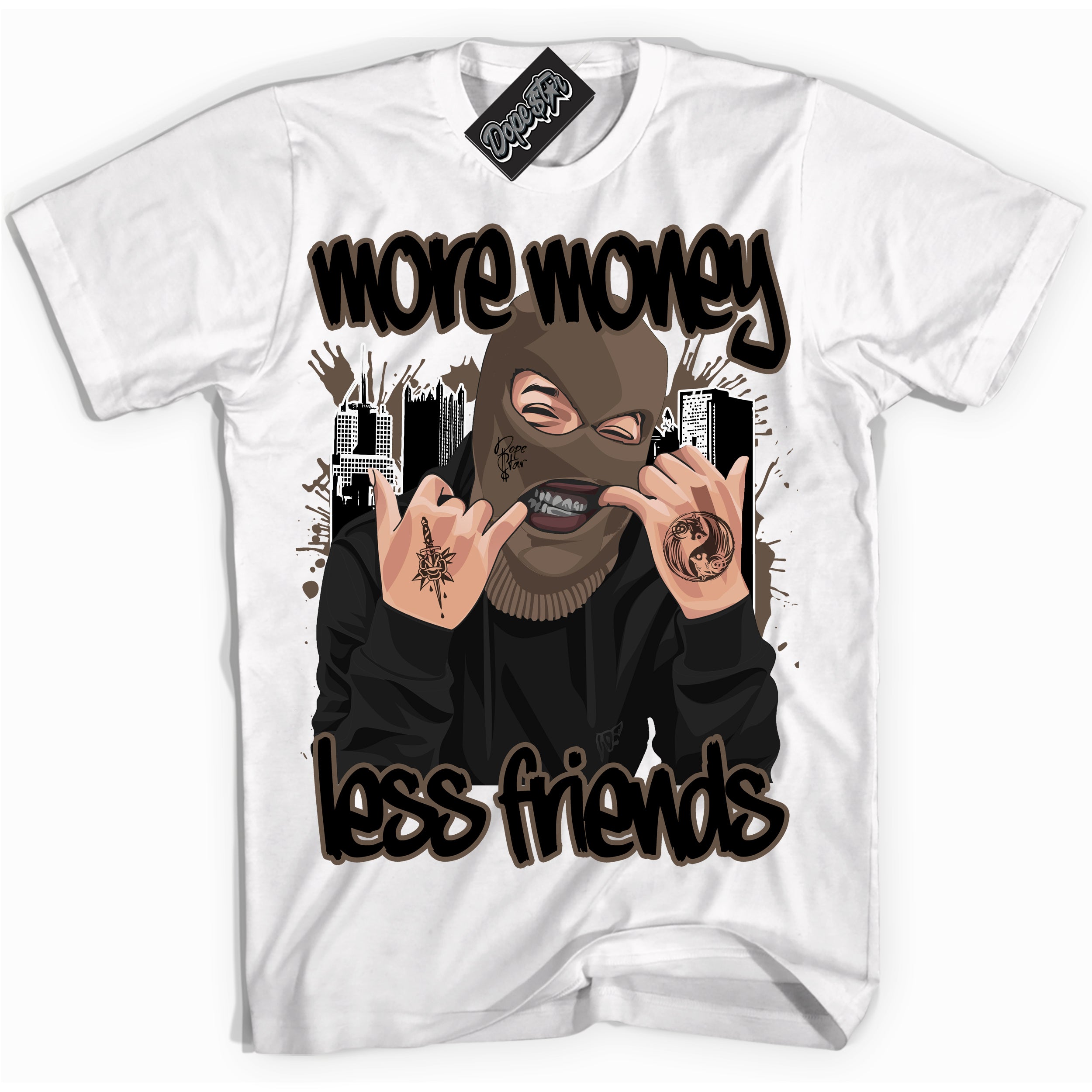 Cool White Shirt with “More Money Less Friends” design that perfectly matches the Jumpman Jack TR Travis Scott Dark Mocha Sneakers.