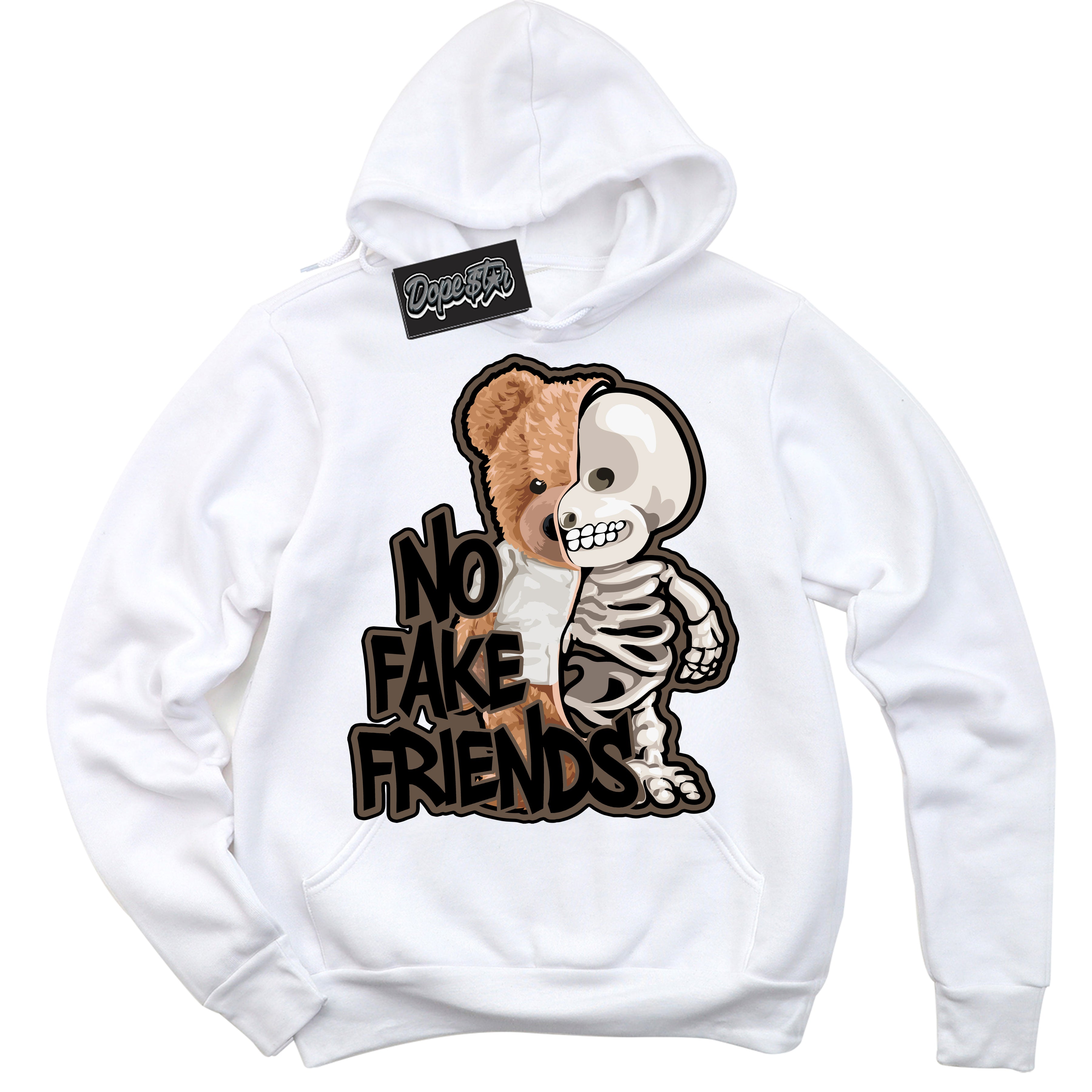 Cool White Hoodie with “No Fake Friends” design that Perfectly Matches Jumpman Jack TR Travis Scott Dark Mocha Sneakers.