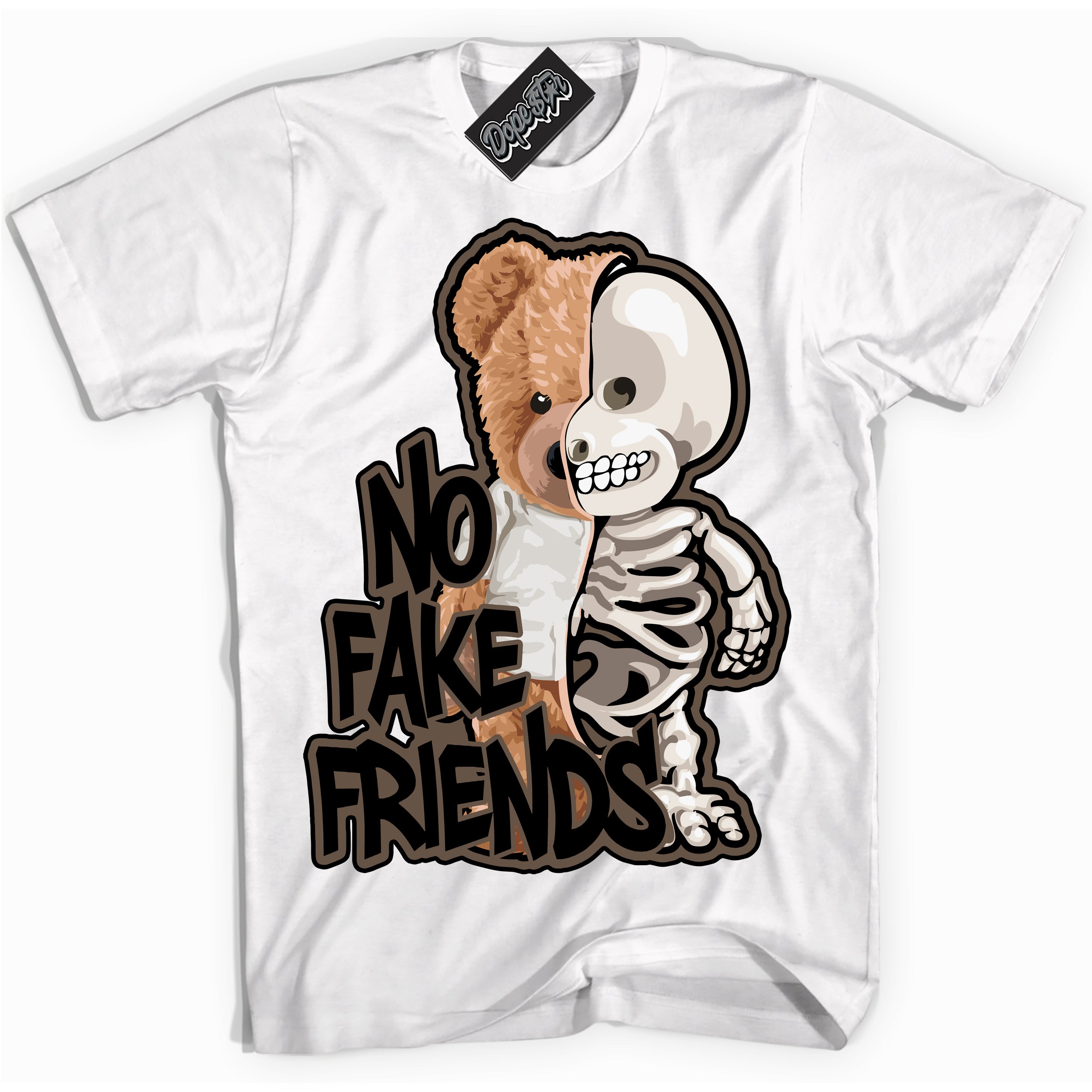Cool White Shirt with “No Fake Friends” design that perfectly matches the Jumpman Jack TR Travis Scott Dark Mocha Sneakers.