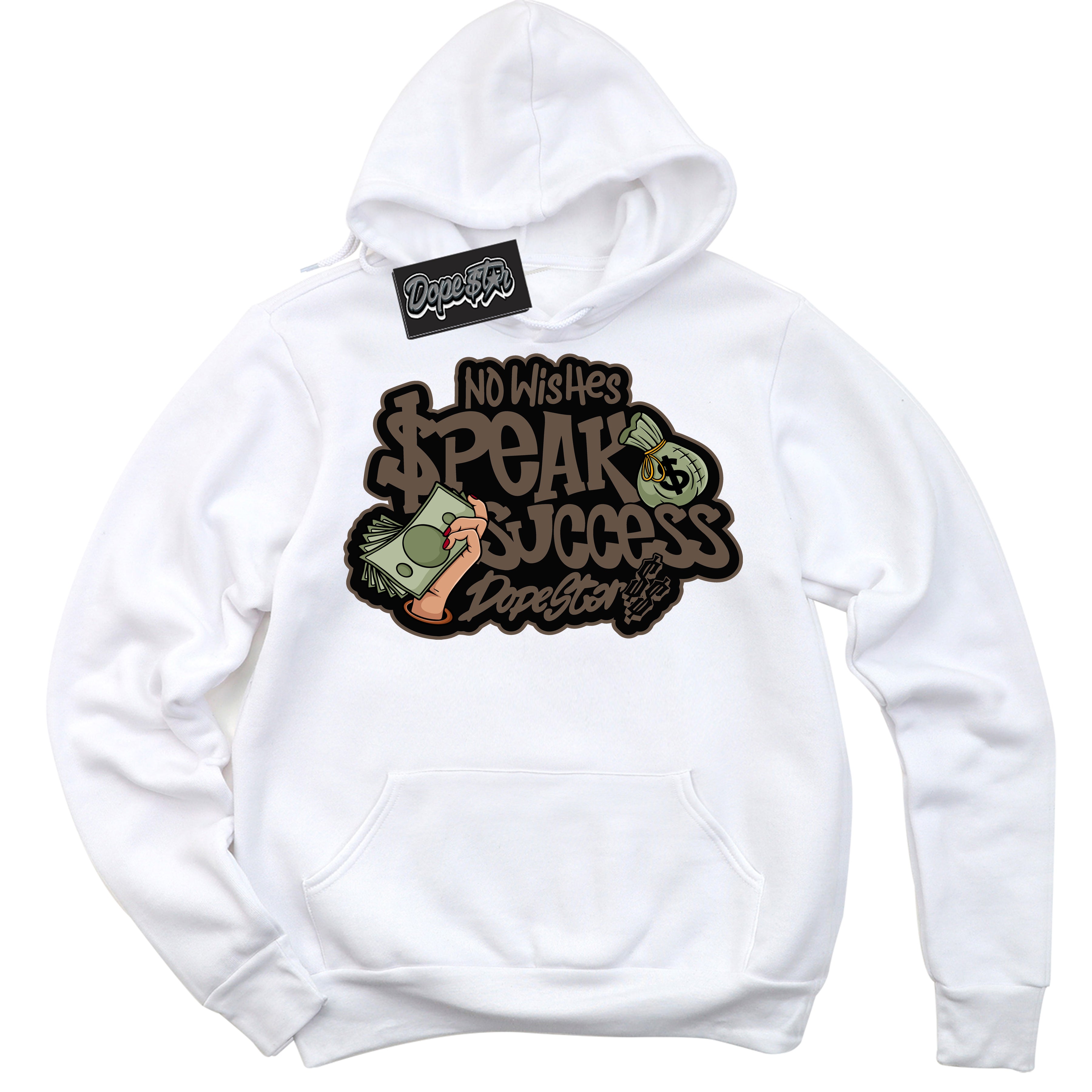 Cool White Hoodie with “No Wish Speak Success” design that Perfectly Matches Jumpman Jack TR Travis Scott Dark Mocha Sneakers.