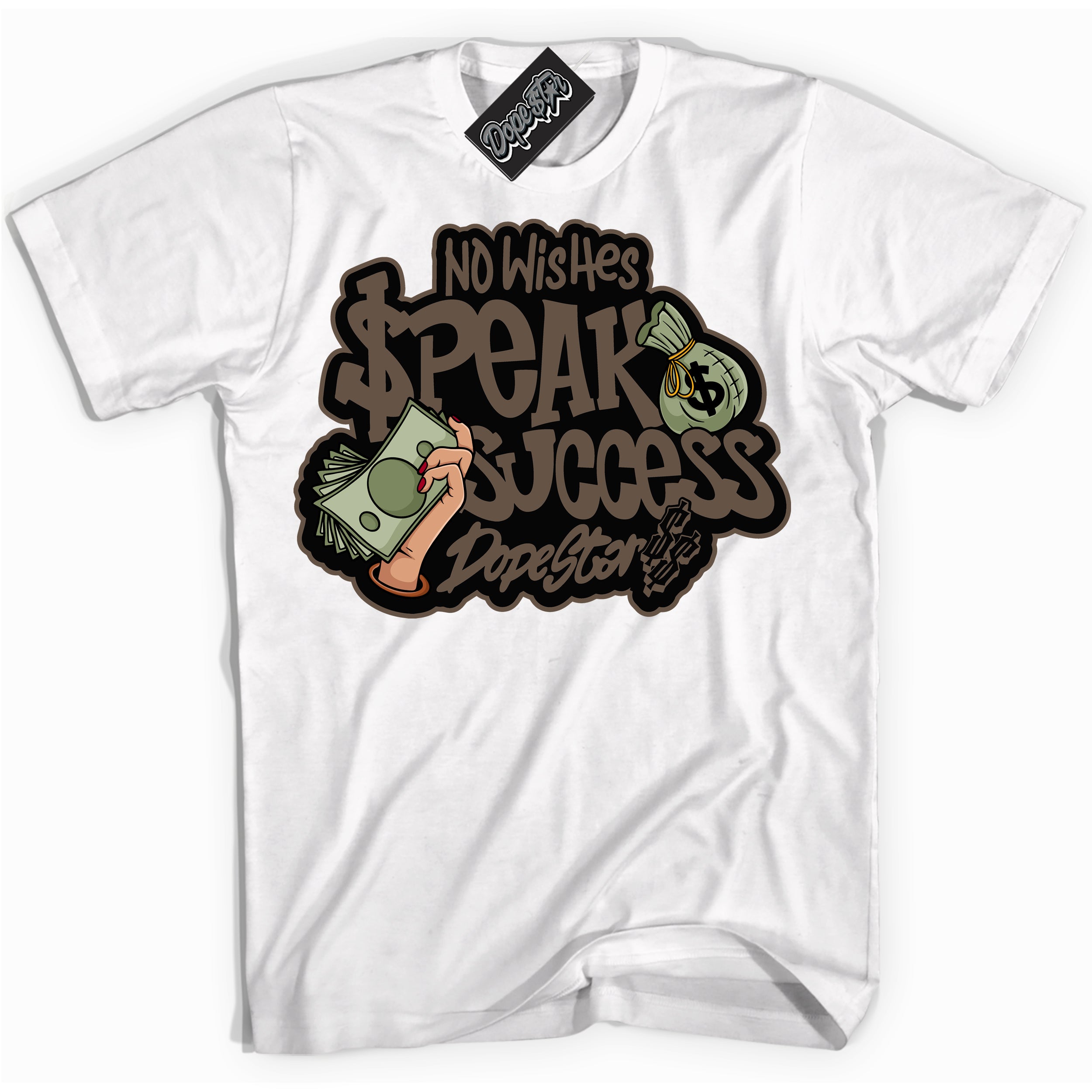 Cool White Shirt with “No Wish Speak Success” design that perfectly matches the Jumpman Jack TR Travis Scott Dark Mocha Sneakers.