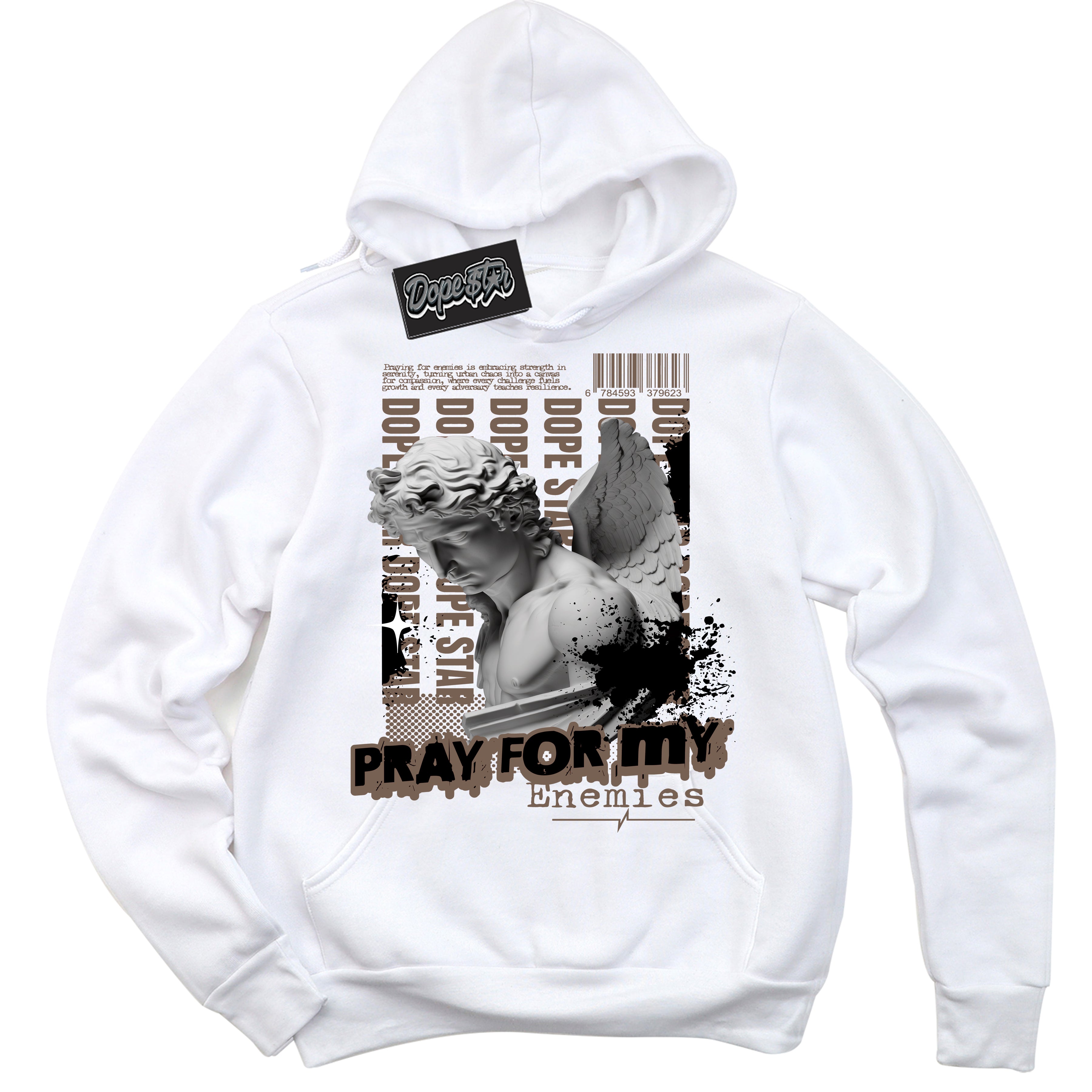 Cool White Hoodie with “Pray Enemies” design that Perfectly Matches Jumpman Jack TR Travis Scott Dark Mocha Sneakers.