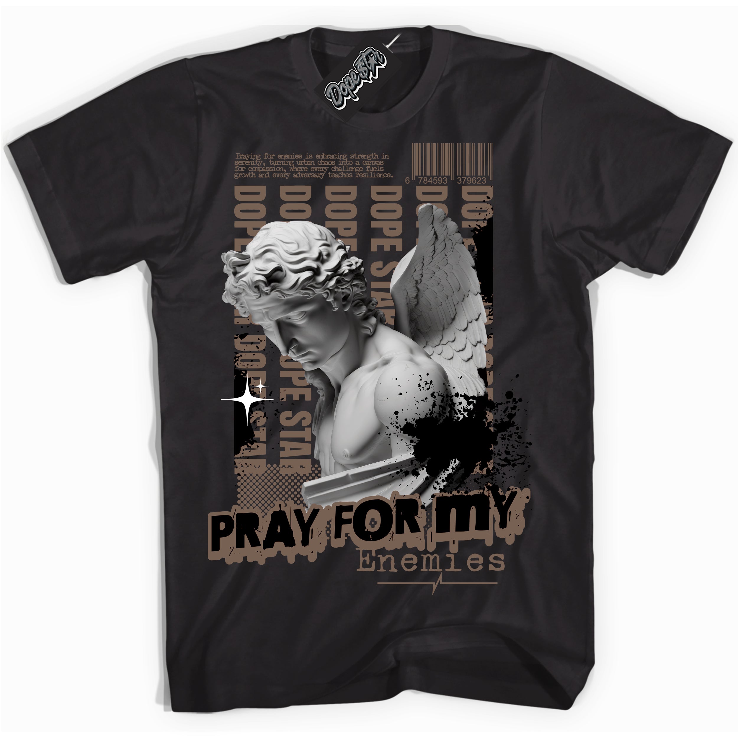 Cool Black Shirt with “Pray Enemies” design that perfectly matches the Jumpman Jack TR Travis Scott Dark Mocha Sneakers.