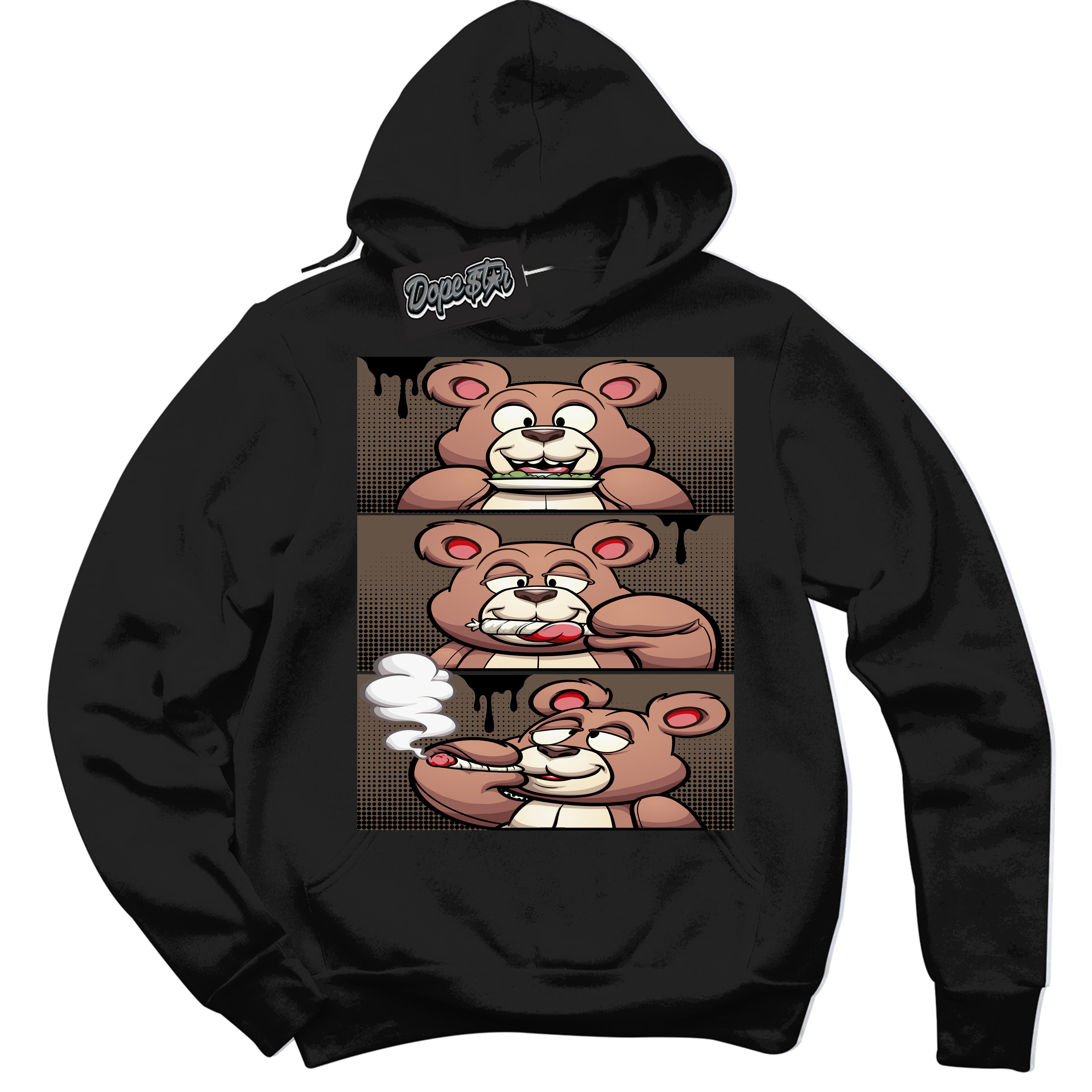 Cool Black Hoodie with “Roll It Lick It Smoke It Bear” design that Perfectly Matches Jumpman Jack TR Travis Scott Dark Mocha Sneakers.