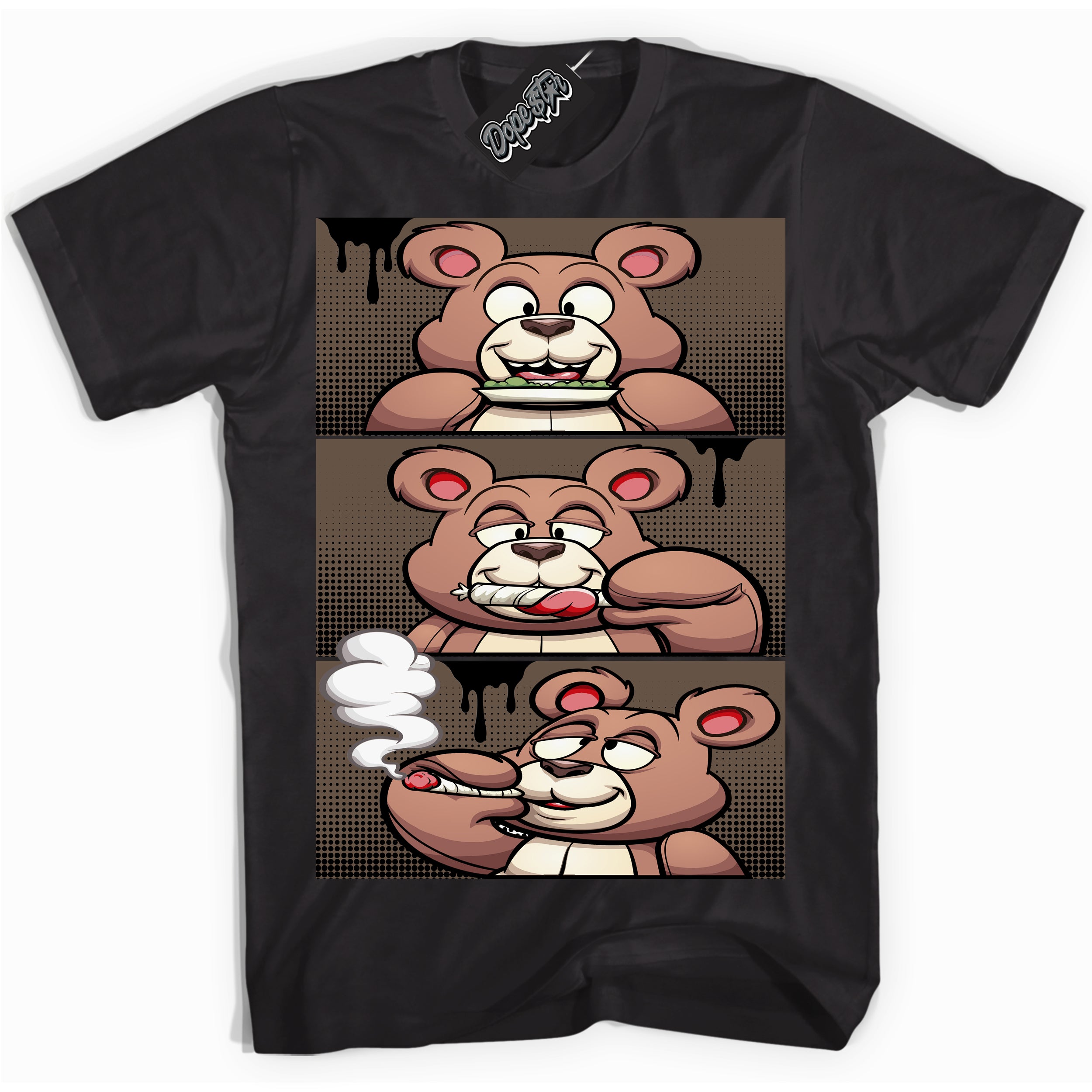 Cool Black Shirt with “Roll It Lick It Smoke It Bear” design that perfectly matches the Jumpman Jack TR Travis Scott Dark Mocha Sneakers.