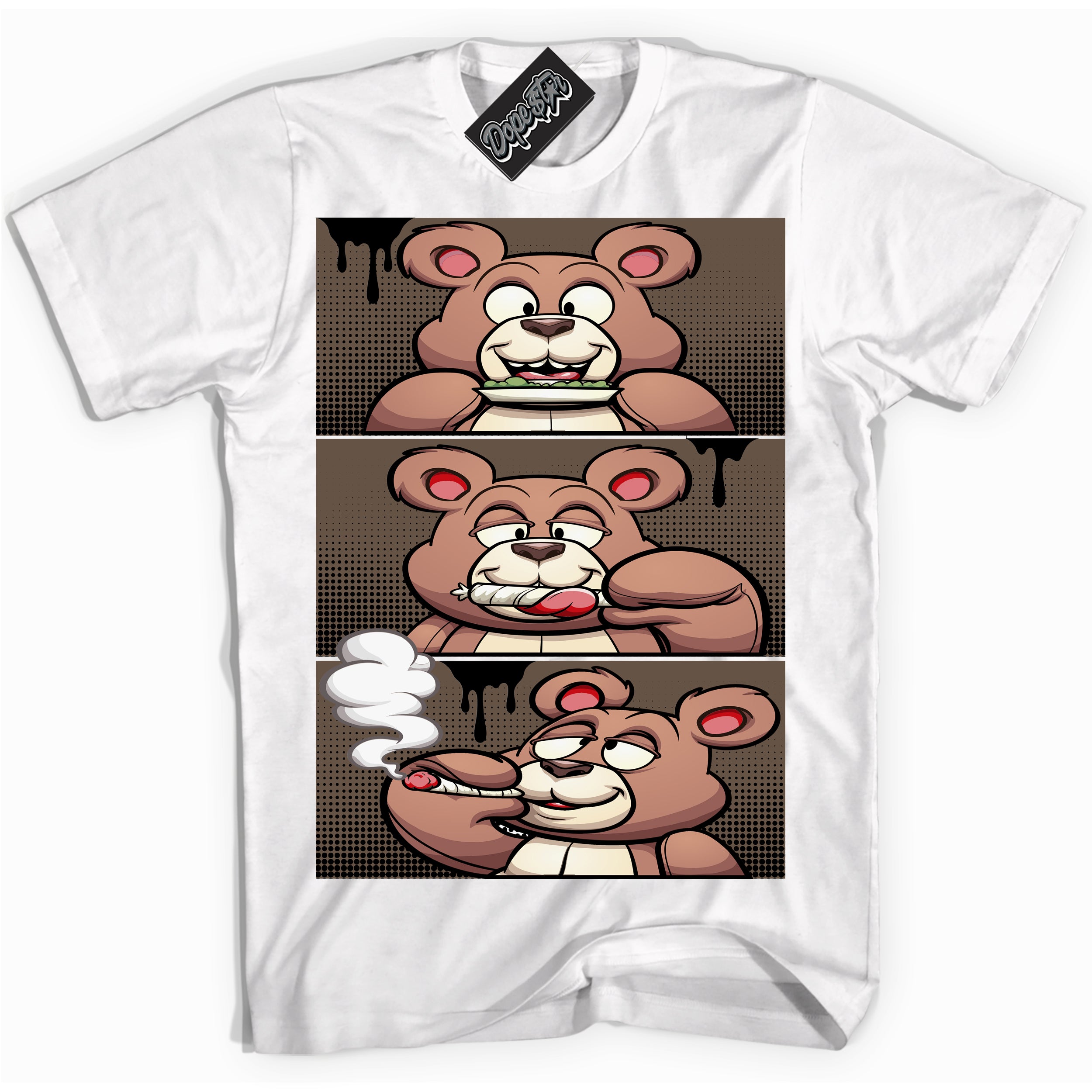 Cool White Shirt with “Roll It Lick It Smoke It Bear” design that perfectly matches the Jumpman Jack TR Travis Scott Dark Mocha Sneakers.