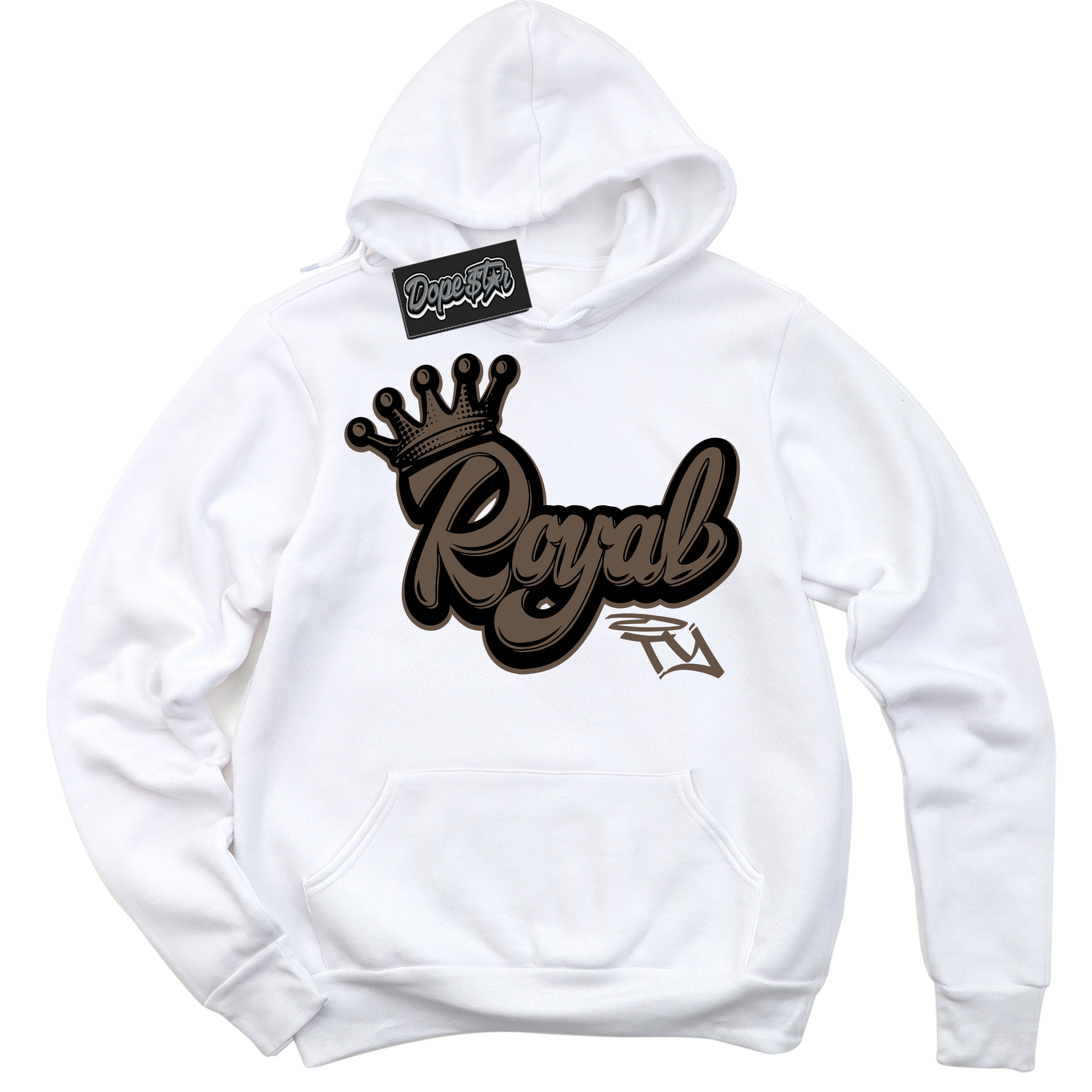 Cool White Hoodie with “Royalty” design that Perfectly Matches Jumpman Jack TR Travis Scott Dark Mocha Sneakers.