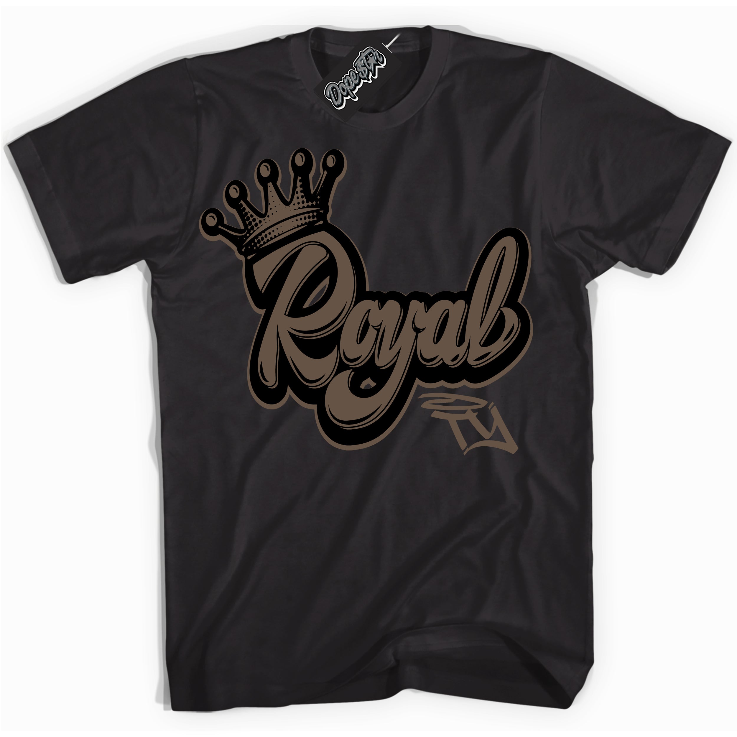 Cool Black Shirt with “Royalty” design that perfectly matches the Jumpman Jack TR Travis Scott Dark Mocha Sneakers.