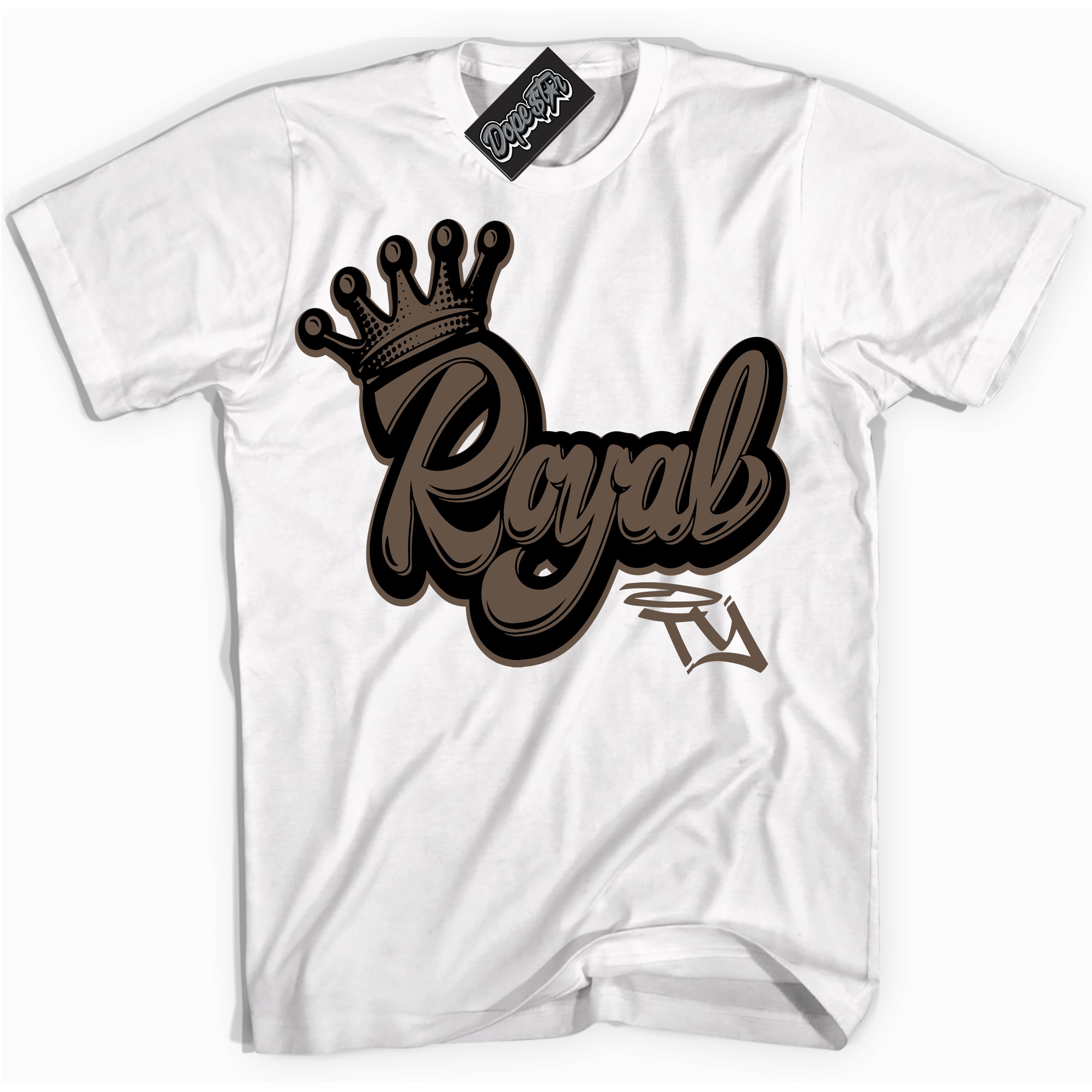 Cool White Shirt with “Royalty” design that perfectly matches the Jumpman Jack TR Travis Scott Dark Mocha Sneakers.