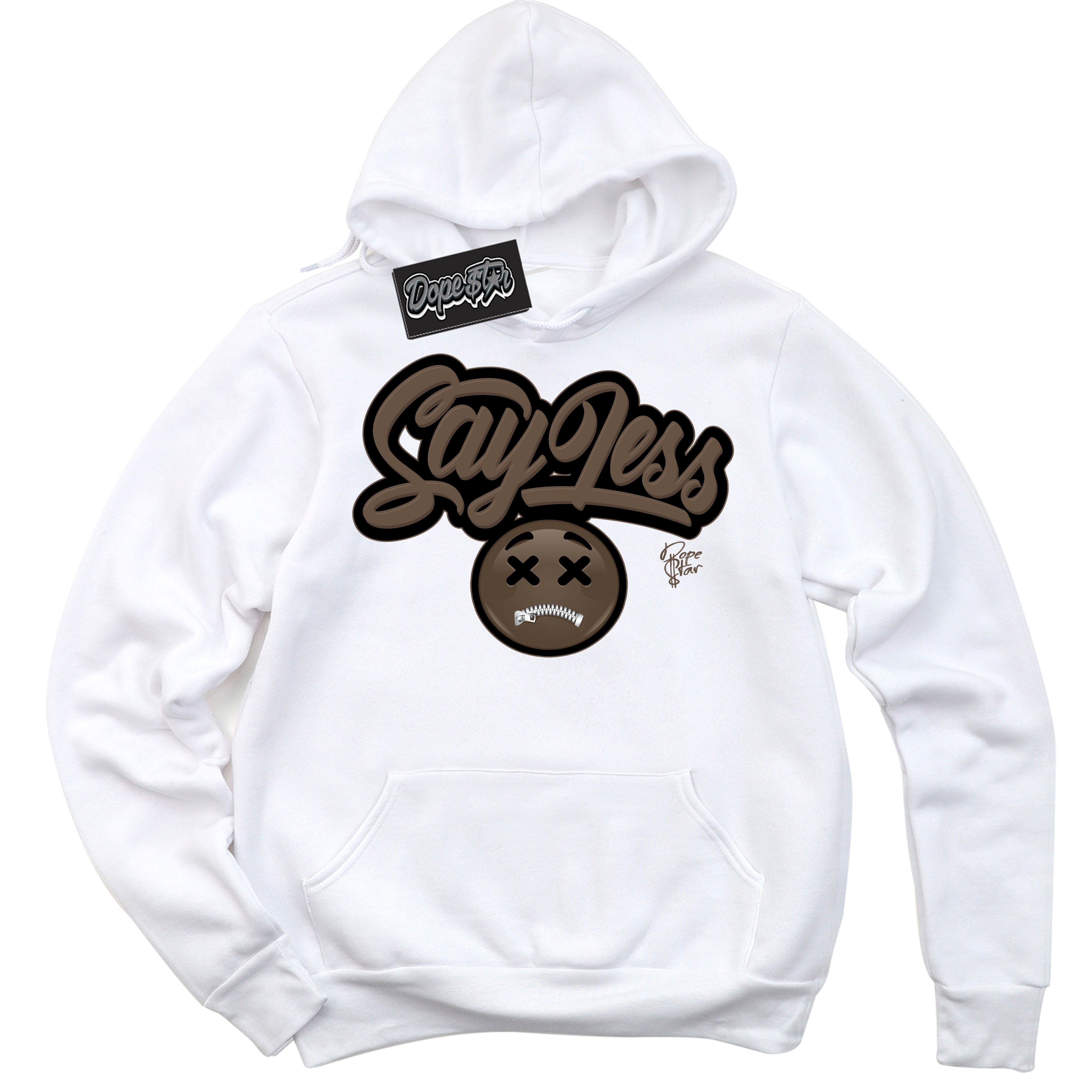 Cool White Hoodie with “Say Less” design that Perfectly Matches Jumpman Jack TR Travis Scott Dark Mocha Sneakers.