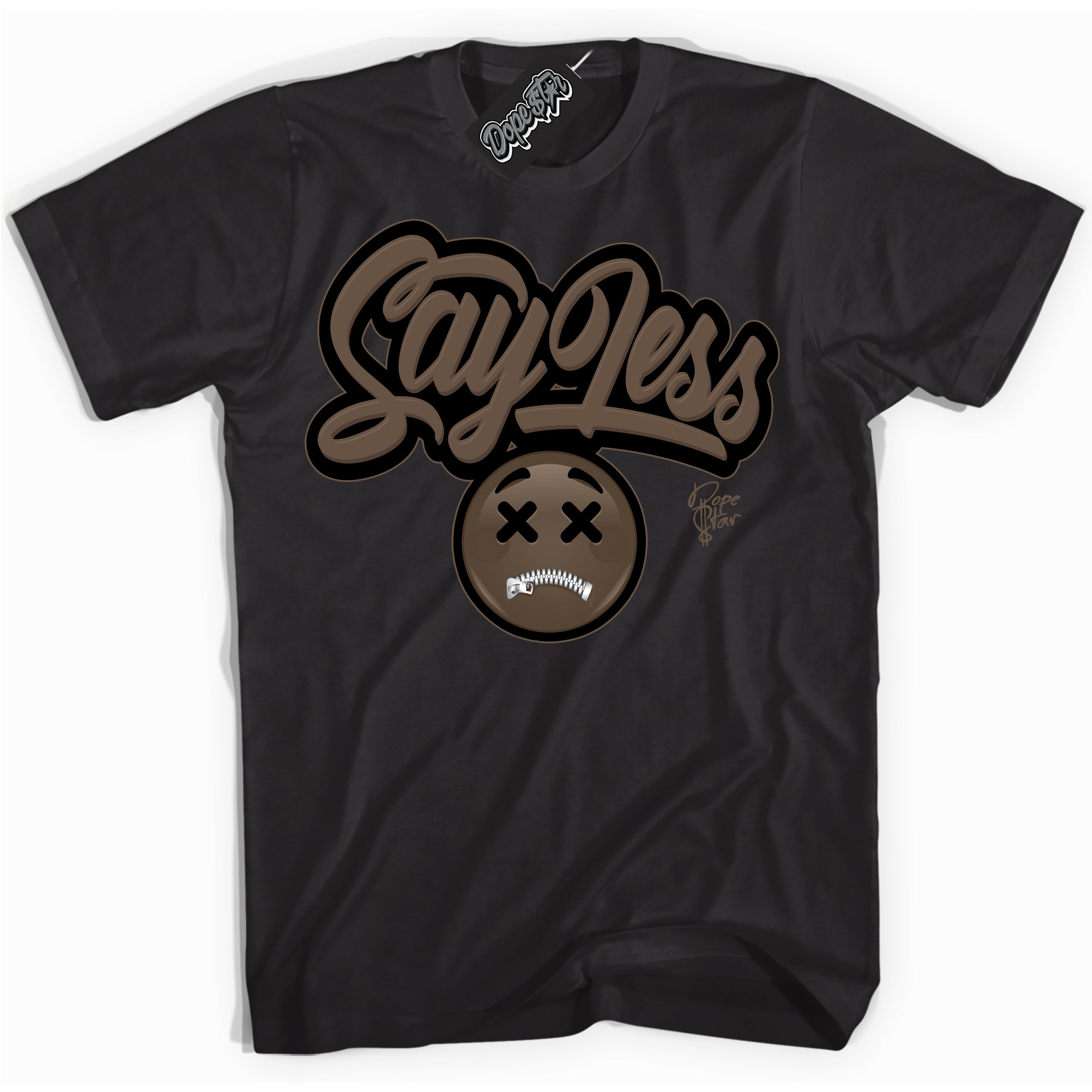 Cool Black Shirt with “Say Less” design that perfectly matches the Jumpman Jack TR Travis Scott Dark Mocha Sneakers.