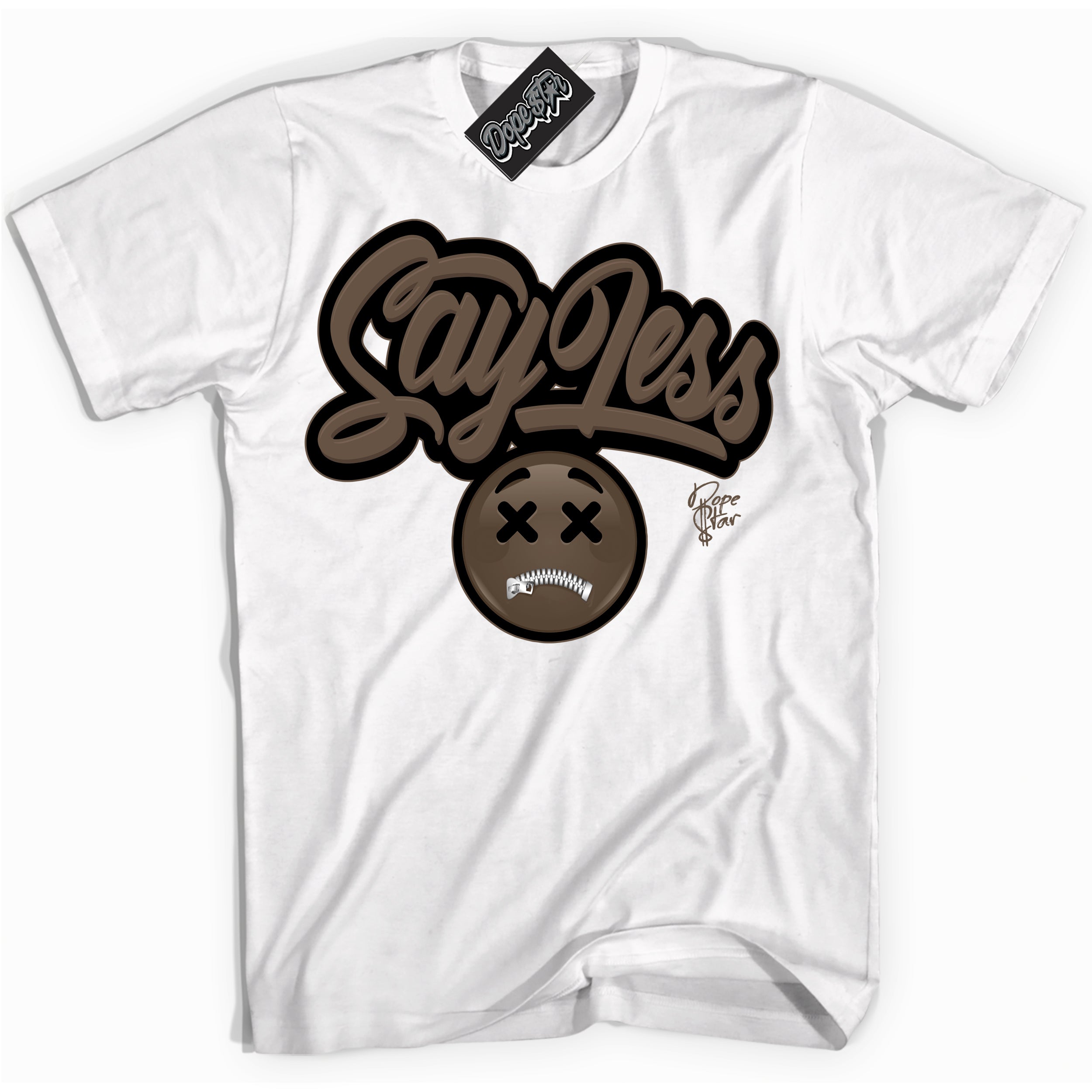 Cool White Shirt with “Say Less” design that perfectly matches the Jumpman Jack TR Travis Scott Dark Mocha Sneakers.