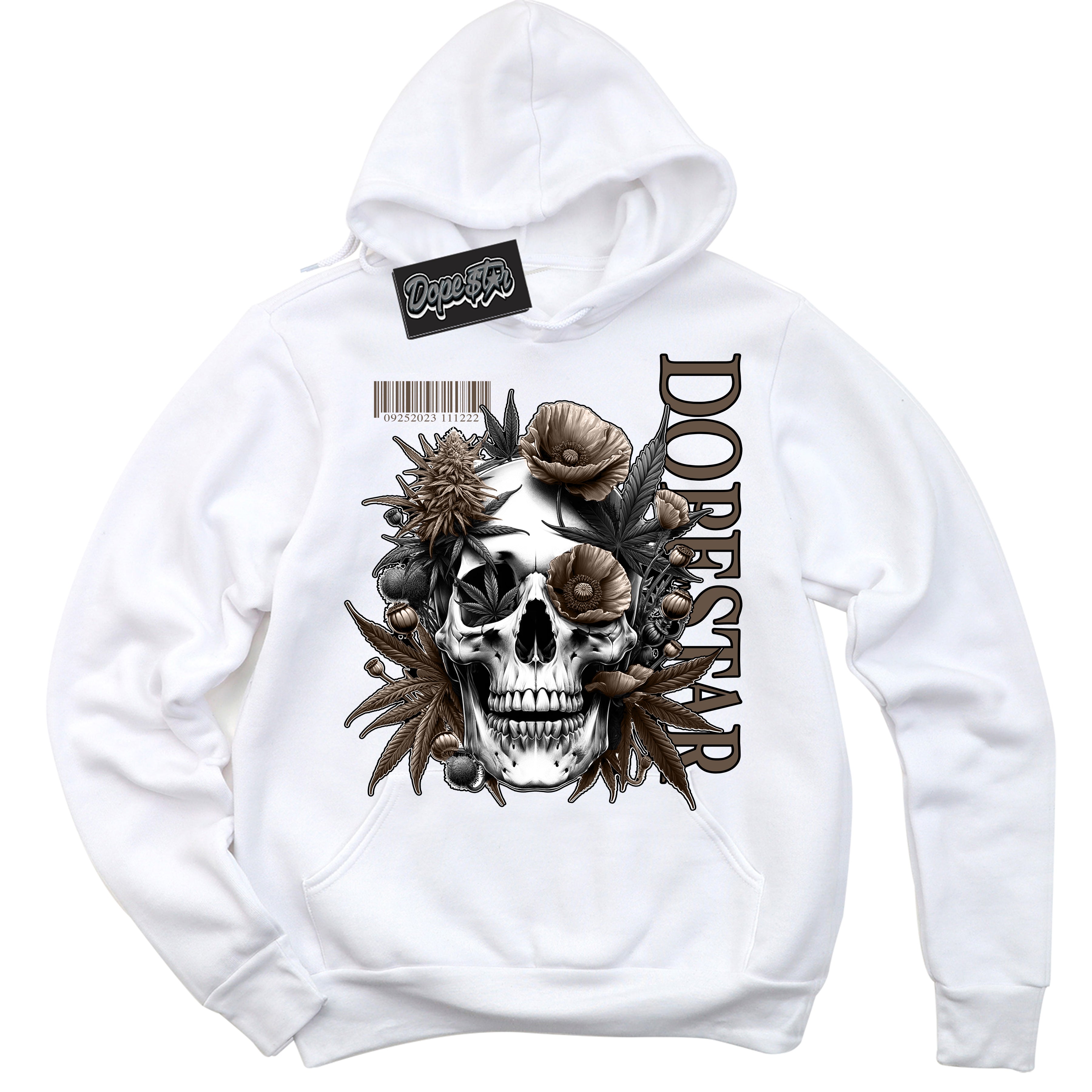Cool White Hoodie with “Skull Poppies” design that Perfectly Matches Jumpman Jack TR Travis Scott Dark Mocha Sneakers.