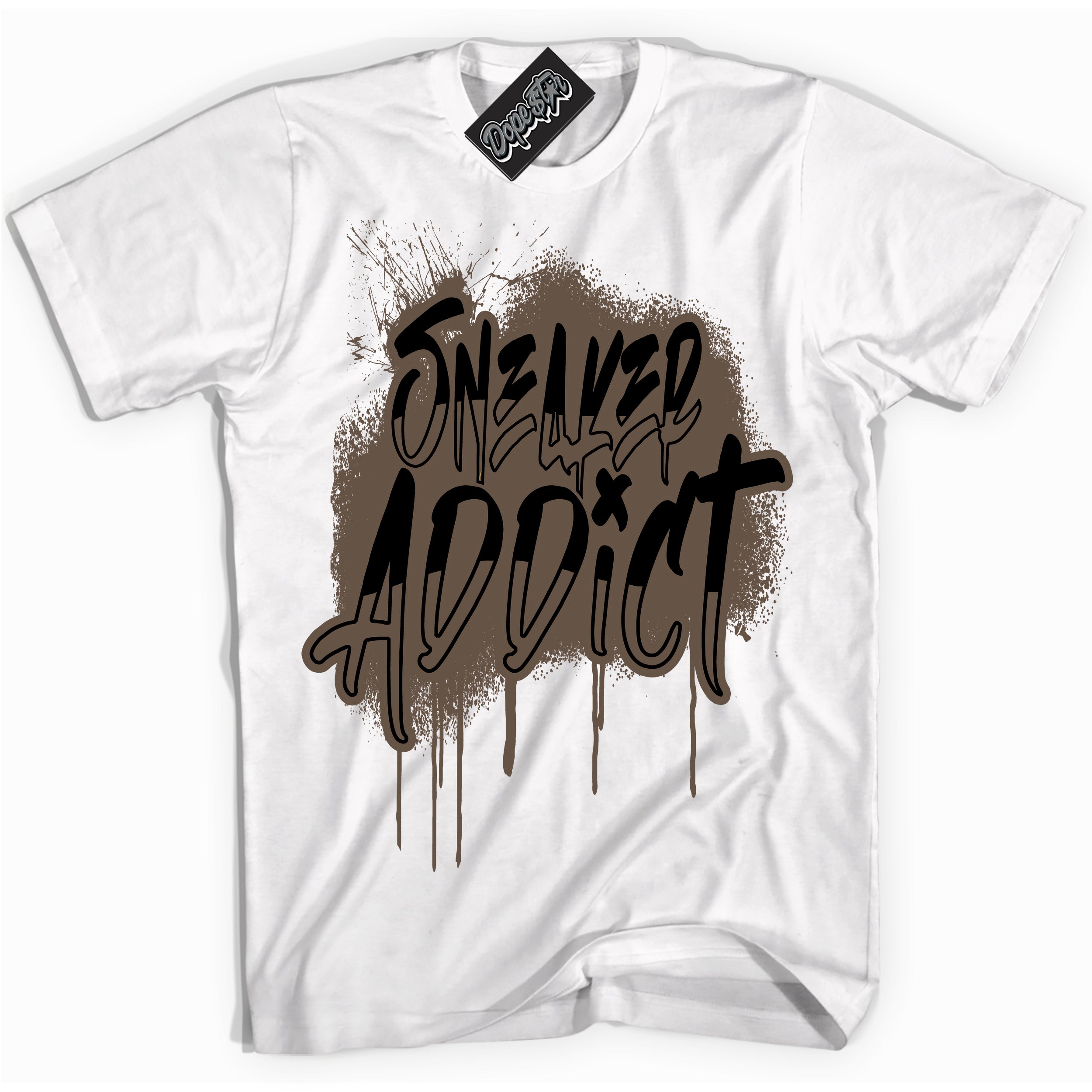 Cool White Shirt with “Sneaker Addict” design that perfectly matches the Jumpman Jack TR Travis Scott Dark Mocha Sneakers.
