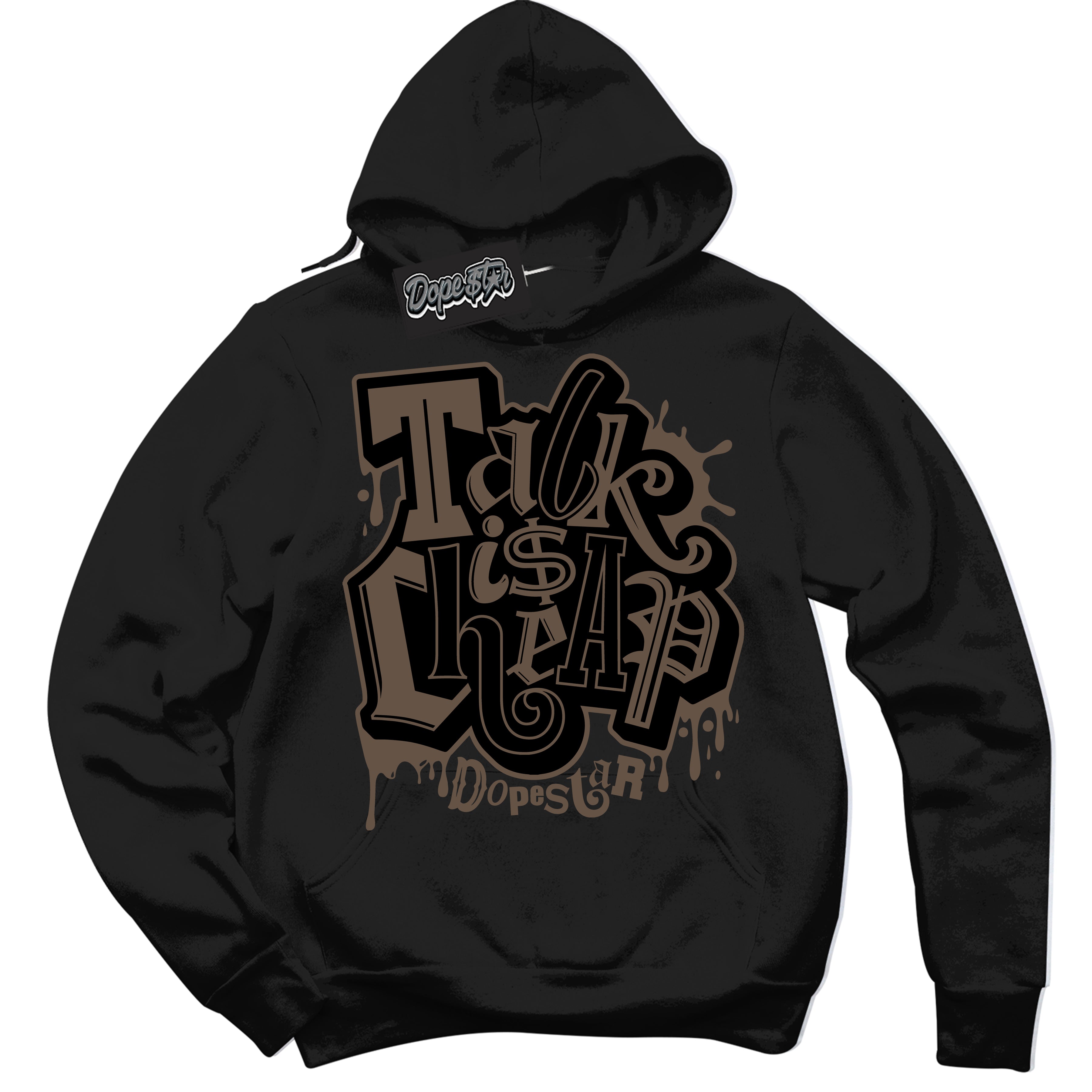 Cool Black Hoodie with “Talk Is Cheap” design that Perfectly Matches Jumpman Jack TR Travis Scott Dark Mocha Sneakers.