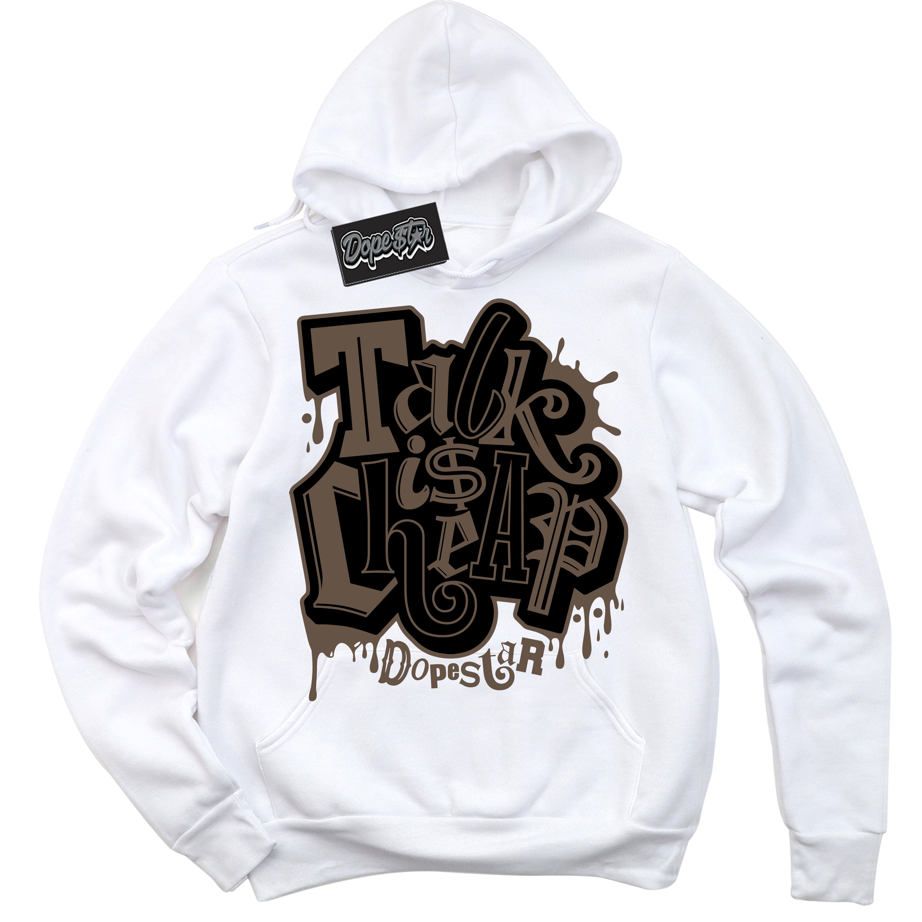 Cool White Hoodie with “Talk Is Cheap” design that Perfectly Matches Jumpman Jack TR Travis Scott Dark Mocha Sneakers.