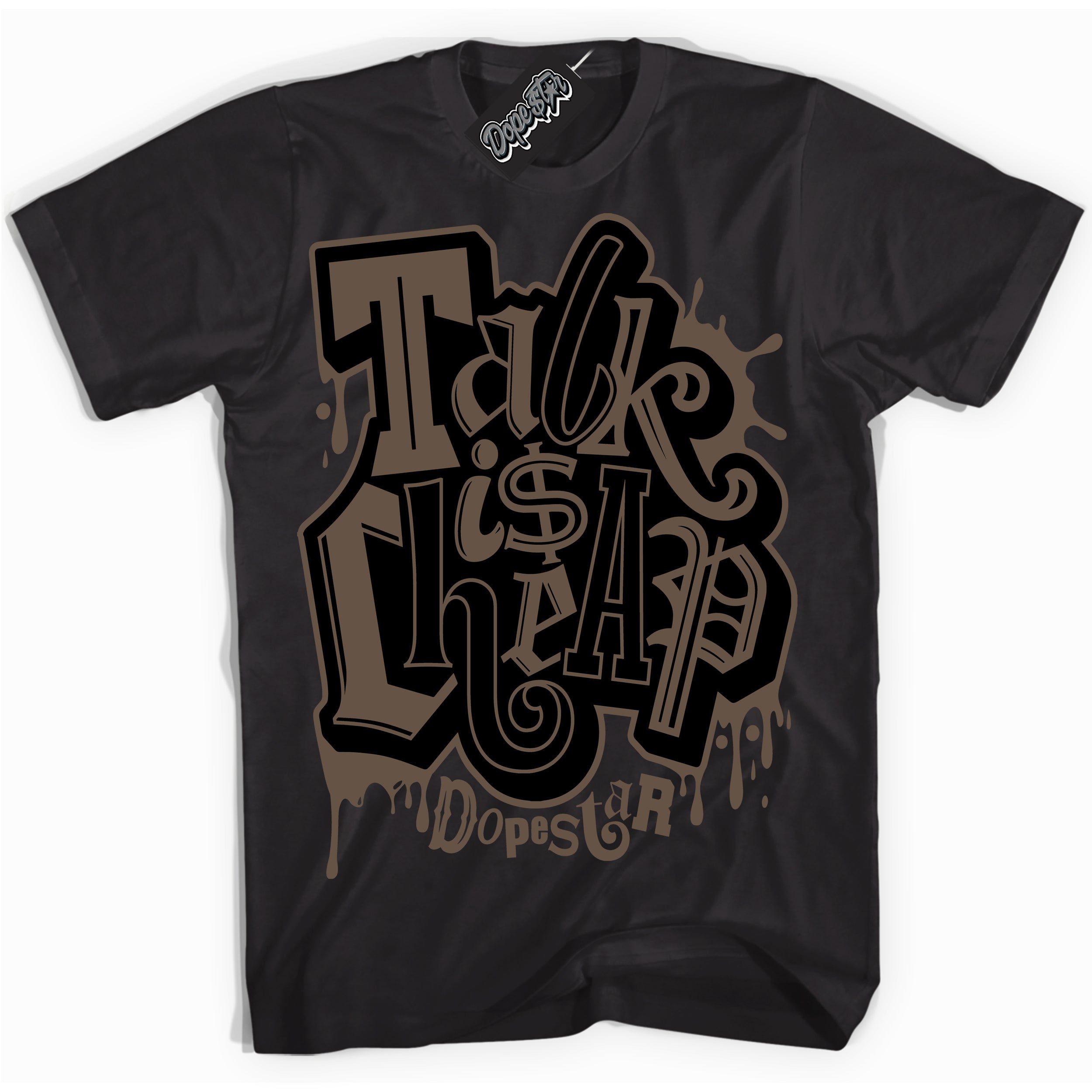 Cool Black Shirt with “Talk Is Cheap” design that perfectly matches the Jumpman Jack TR Travis Scott Dark Mocha Sneakers.