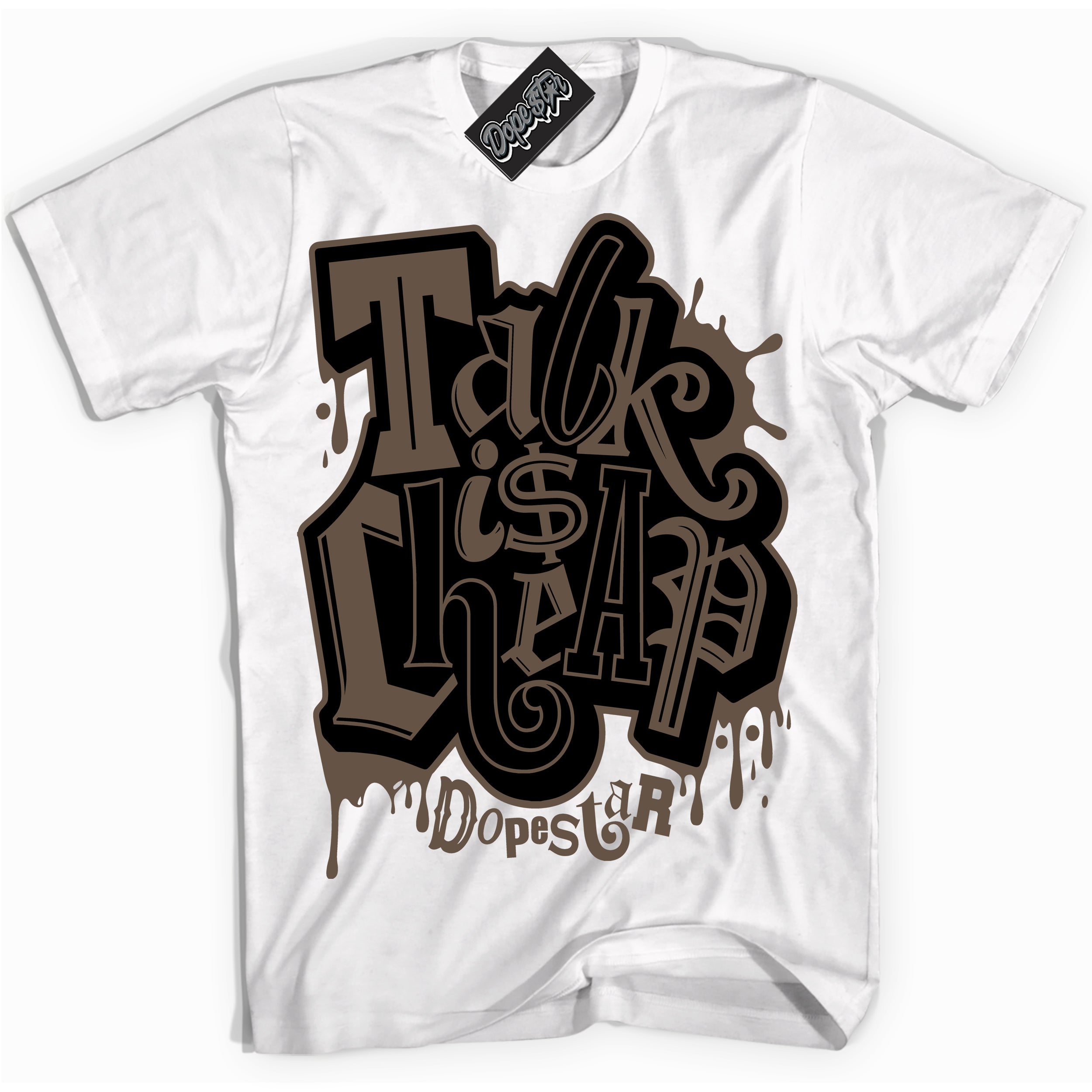 Cool White Shirt with “Talk Is Cheap” design that perfectly matches the Jumpman Jack TR Travis Scott Dark Mocha Sneakers.