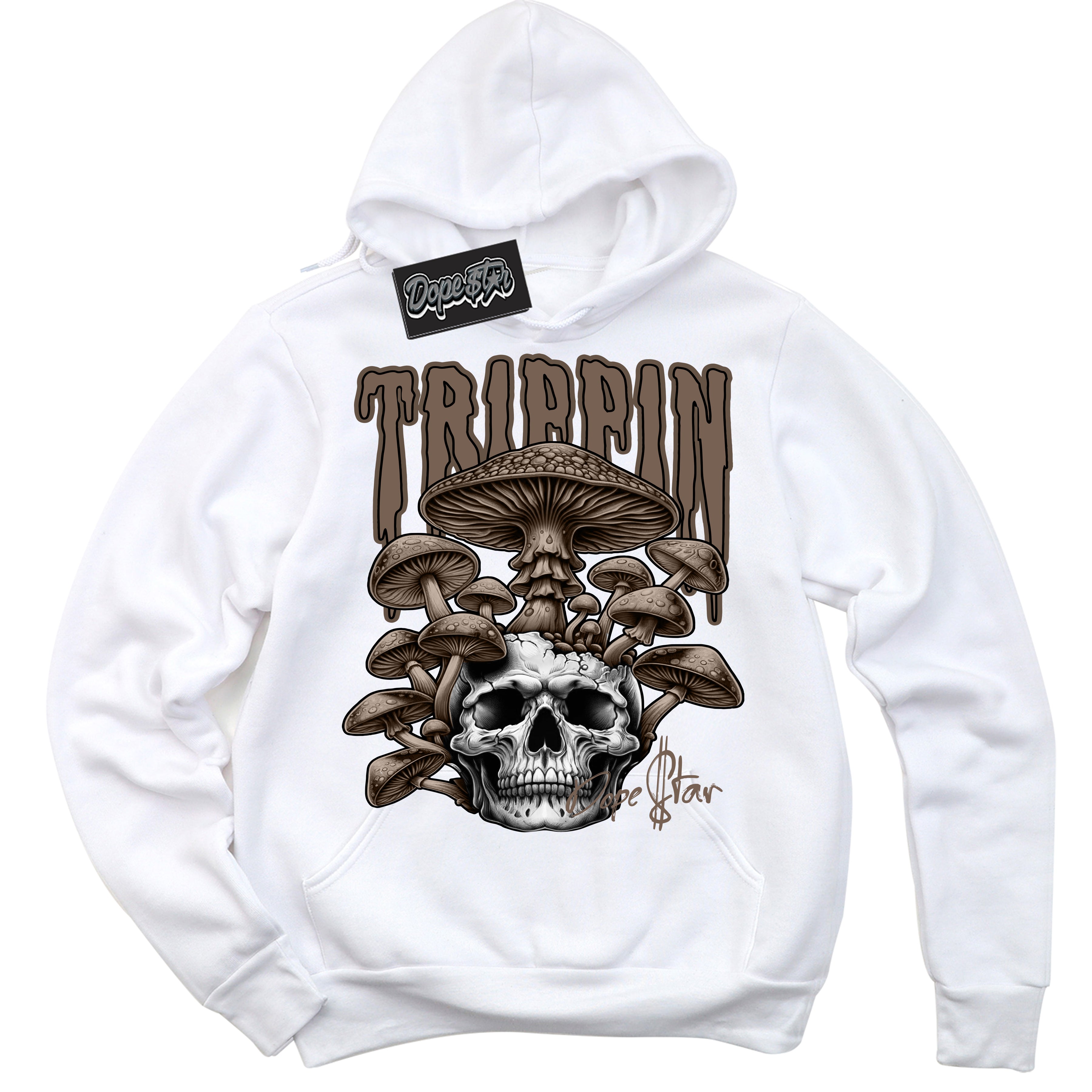 Cool White Hoodie with “Trippin” design that Perfectly Matches Jumpman Jack TR Travis Scott Dark Mocha Sneakers.