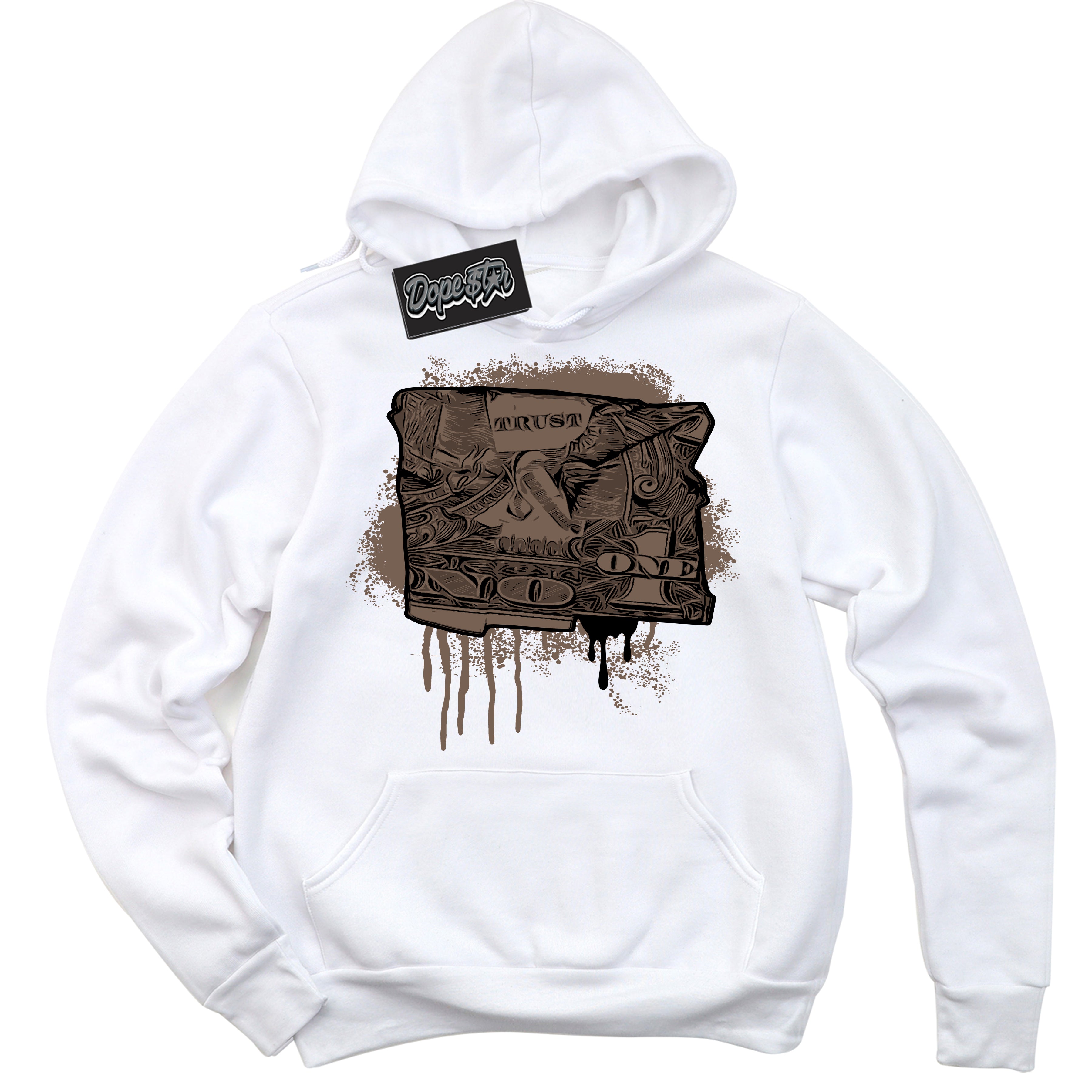 Cool White Hoodie with “Trust No One Dollar” design that Perfectly Matches Jumpman Jack TR Travis Scott Dark Mocha Sneakers.