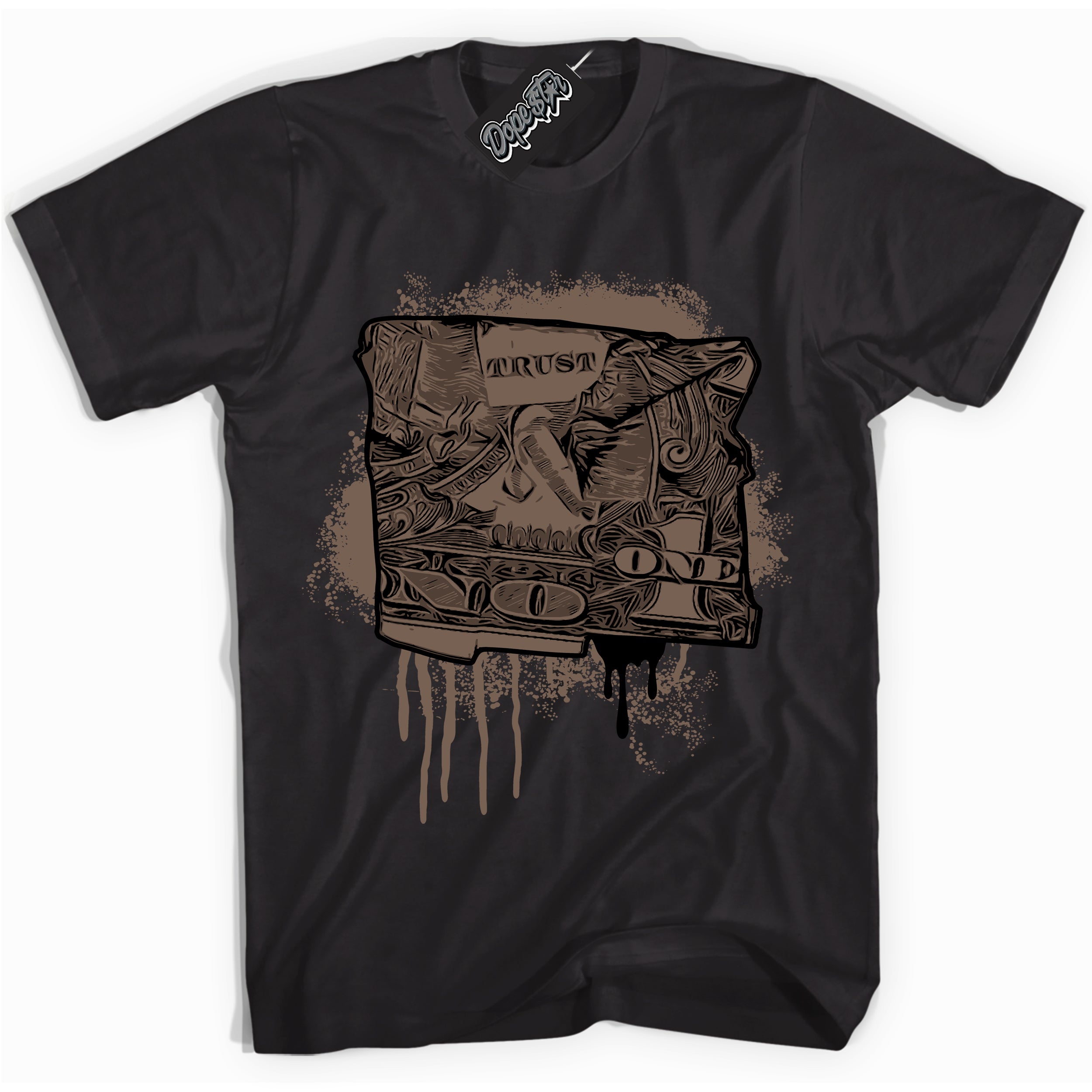 Cool Black Shirt with “Trust No One Dollar” design that perfectly matches the Jumpman Jack TR Travis Scott Dark Mocha Sneakers.