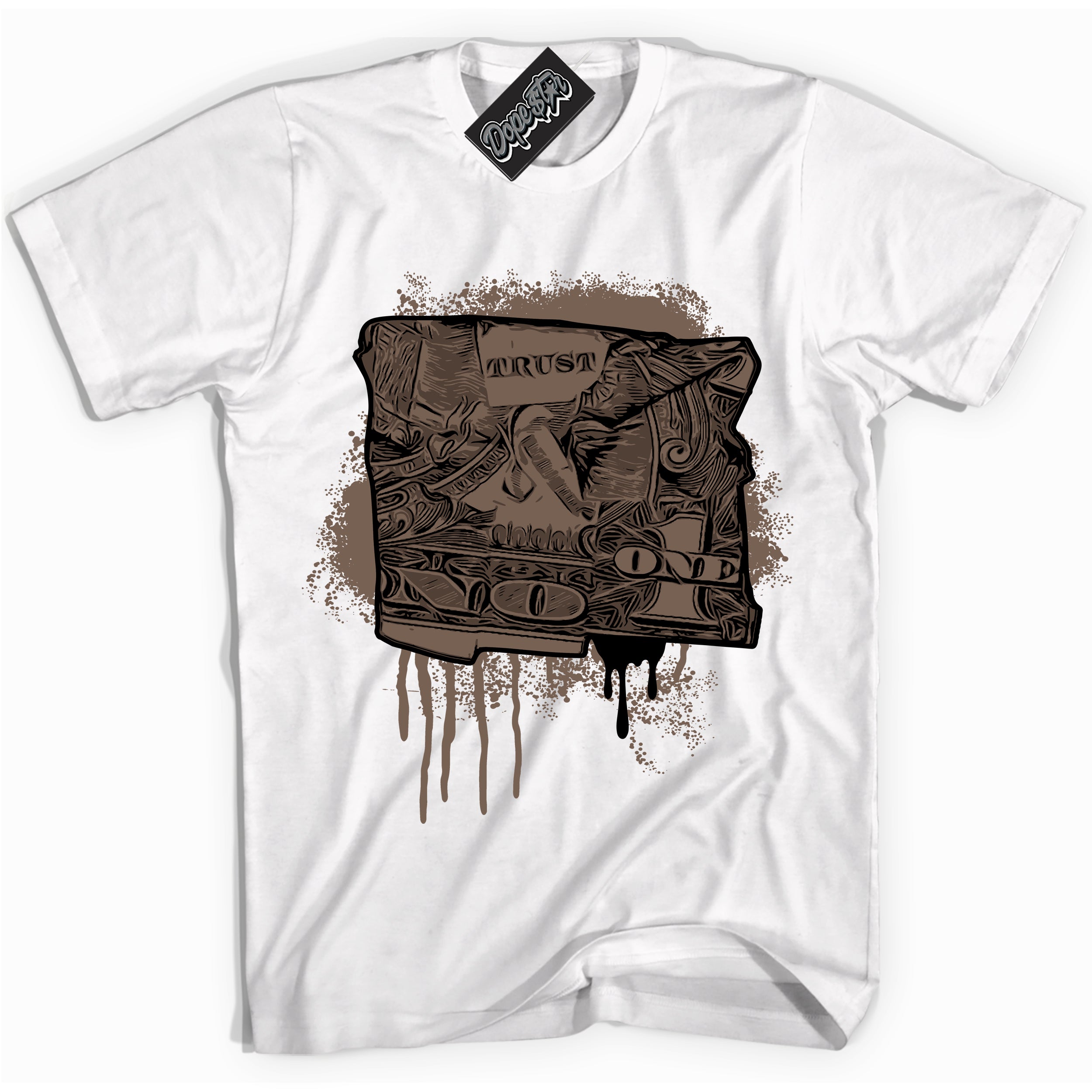 Cool White Shirt with “Trust No One Dollar” design that perfectly matches the Jumpman Jack TR Travis Scott Dark Mocha Sneakers.