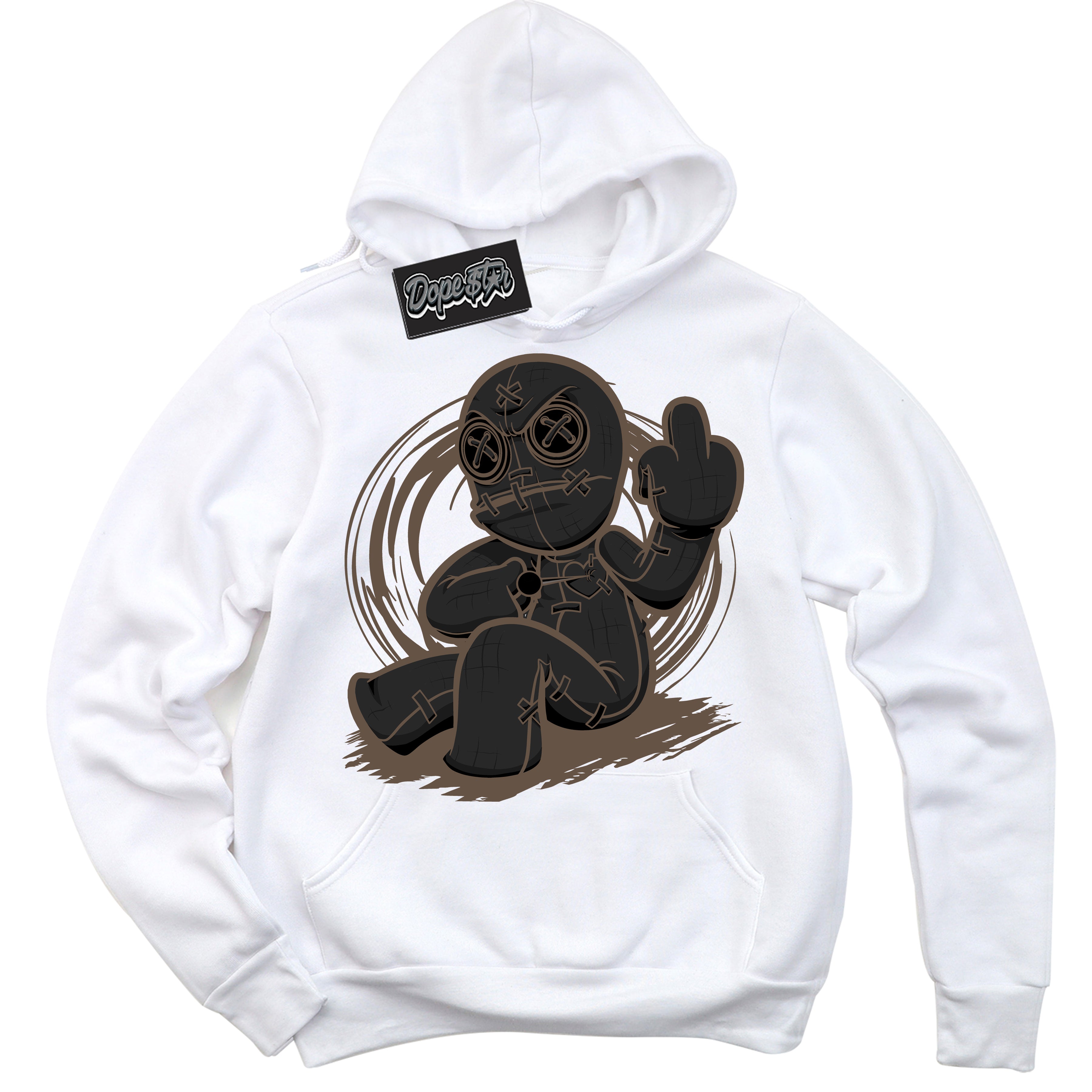 Cool White Hoodie with “Voodoo Doll” design that Perfectly Matches Jumpman Jack TR Travis Scott Dark Mocha Sneakers.