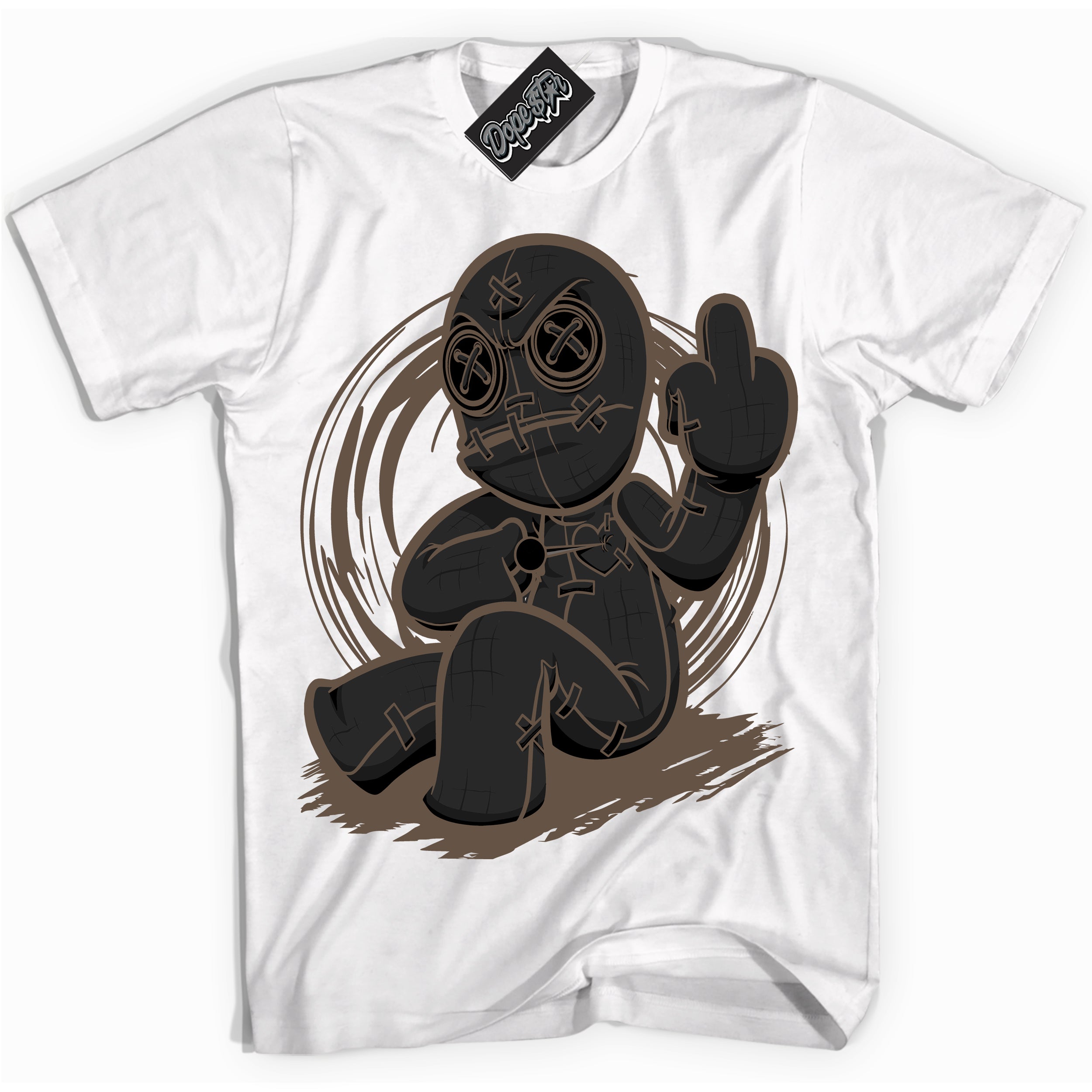Cool White Shirt with “Voodoo Doll” design that perfectly matches the Jumpman Jack TR Travis Scott Dark Mocha Sneakers.