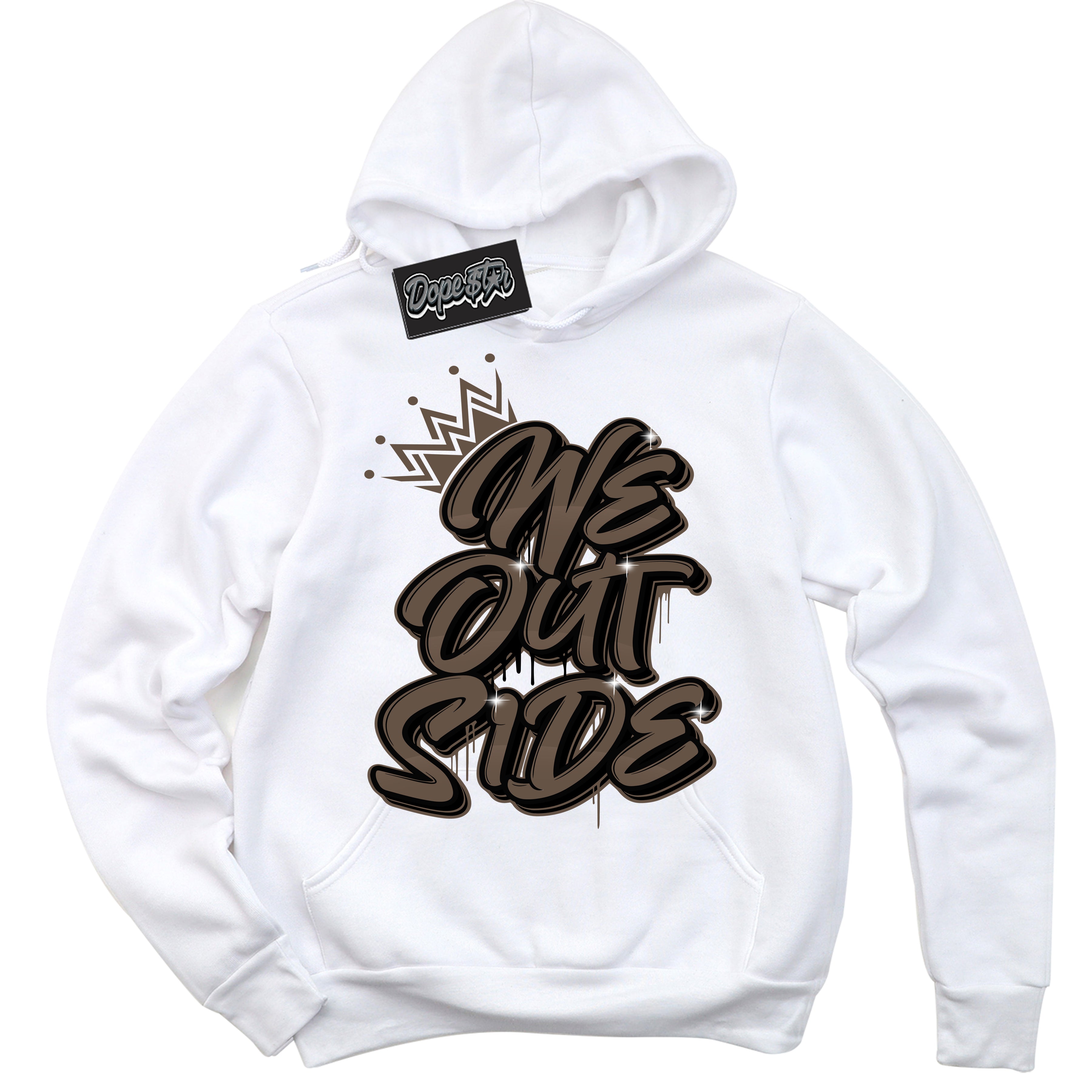 Cool White Hoodie with “We Outside” design that Perfectly Matches Jumpman Jack TR Travis Scott Dark Mocha Sneakers.