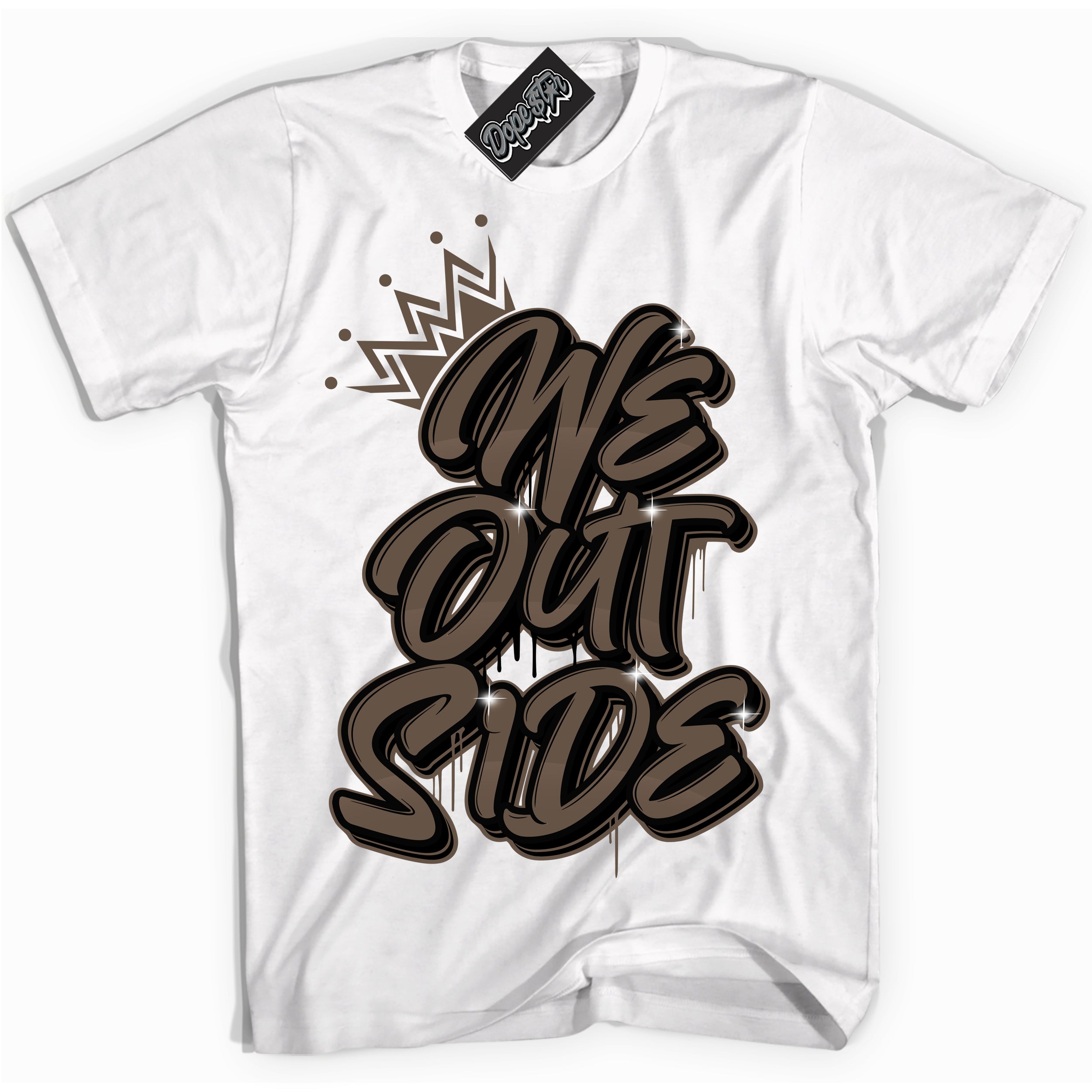 Cool White Shirt with “We Outside” design that perfectly matches the Jumpman Jack TR Travis Scott Dark Mocha Sneakers.