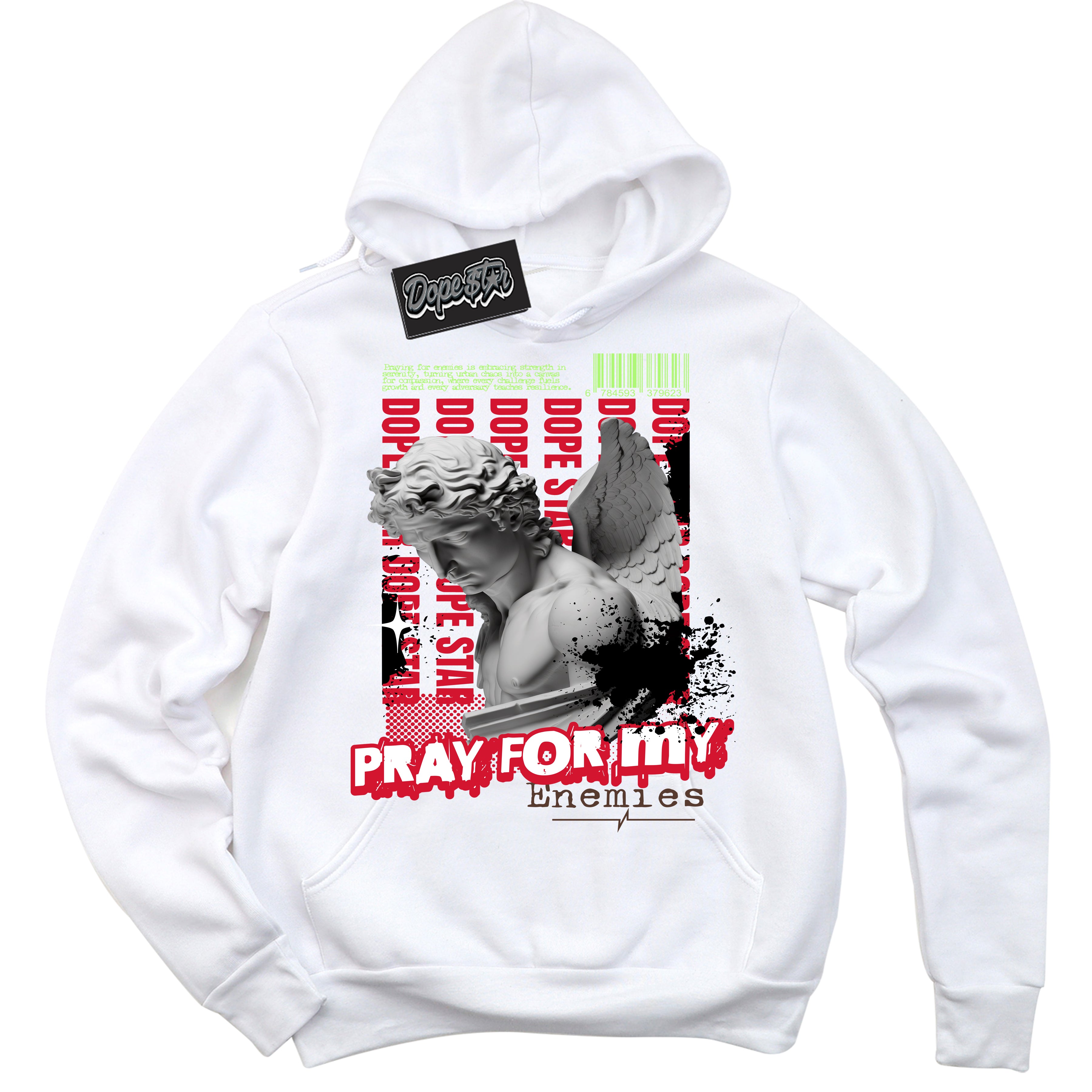 Cool White Hoodie with “ Pray Enemies ”  design that Perfectly Matches Reverse Grinch 6s Sneakers.