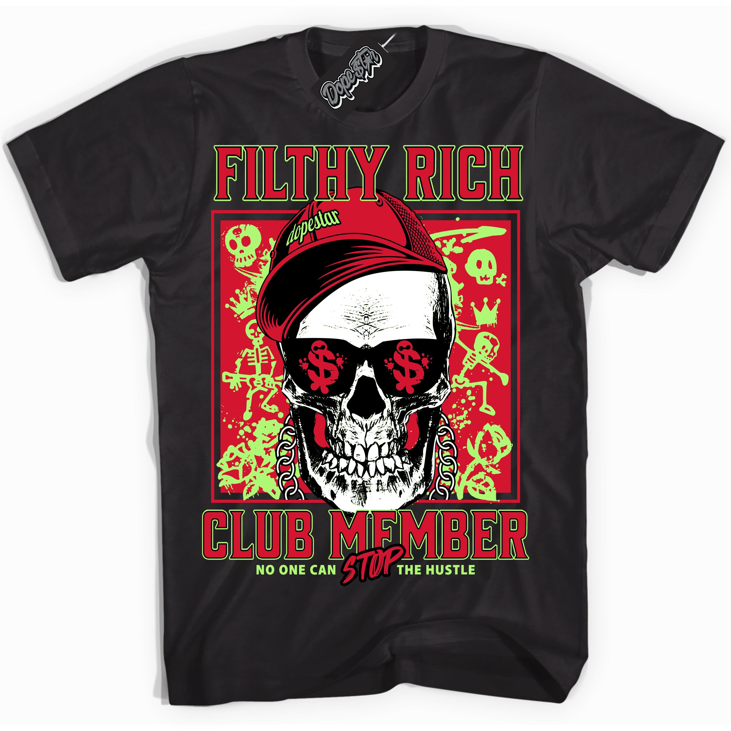 Cool Black Shirt with “ Filthy Rich” design that perfectly matches Reverse Grinch 6s Sneakers.