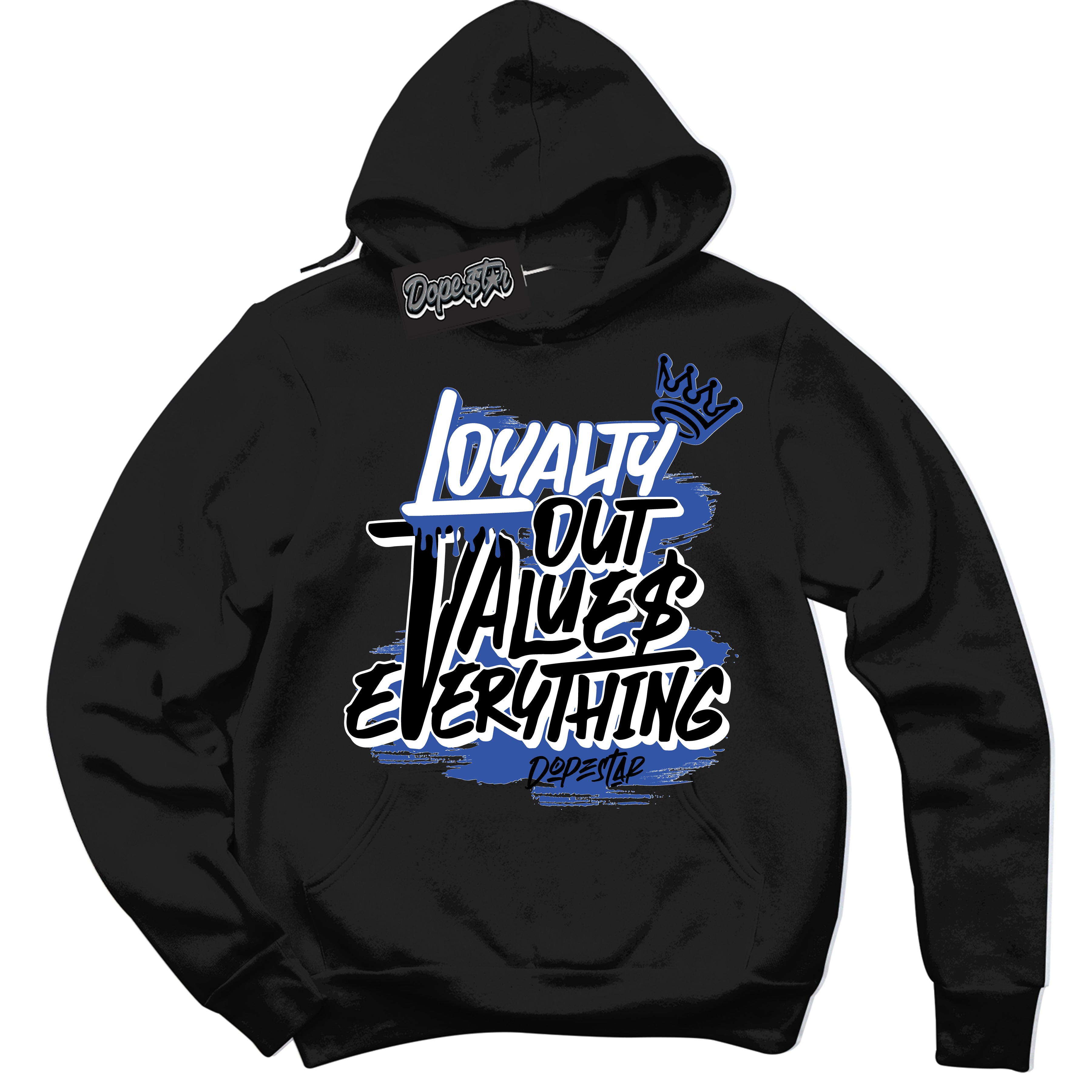 Dunk Low Astronomy Blue 'Loyalty Out Values Everything' Hoodie – Black Streetwear Sweatshirt | Sneaker Matching Hoodie for Dunk Low Astronomy Blue | Men's & Women's Streetwear Outfit by Sneaker Shirts Outlet.
