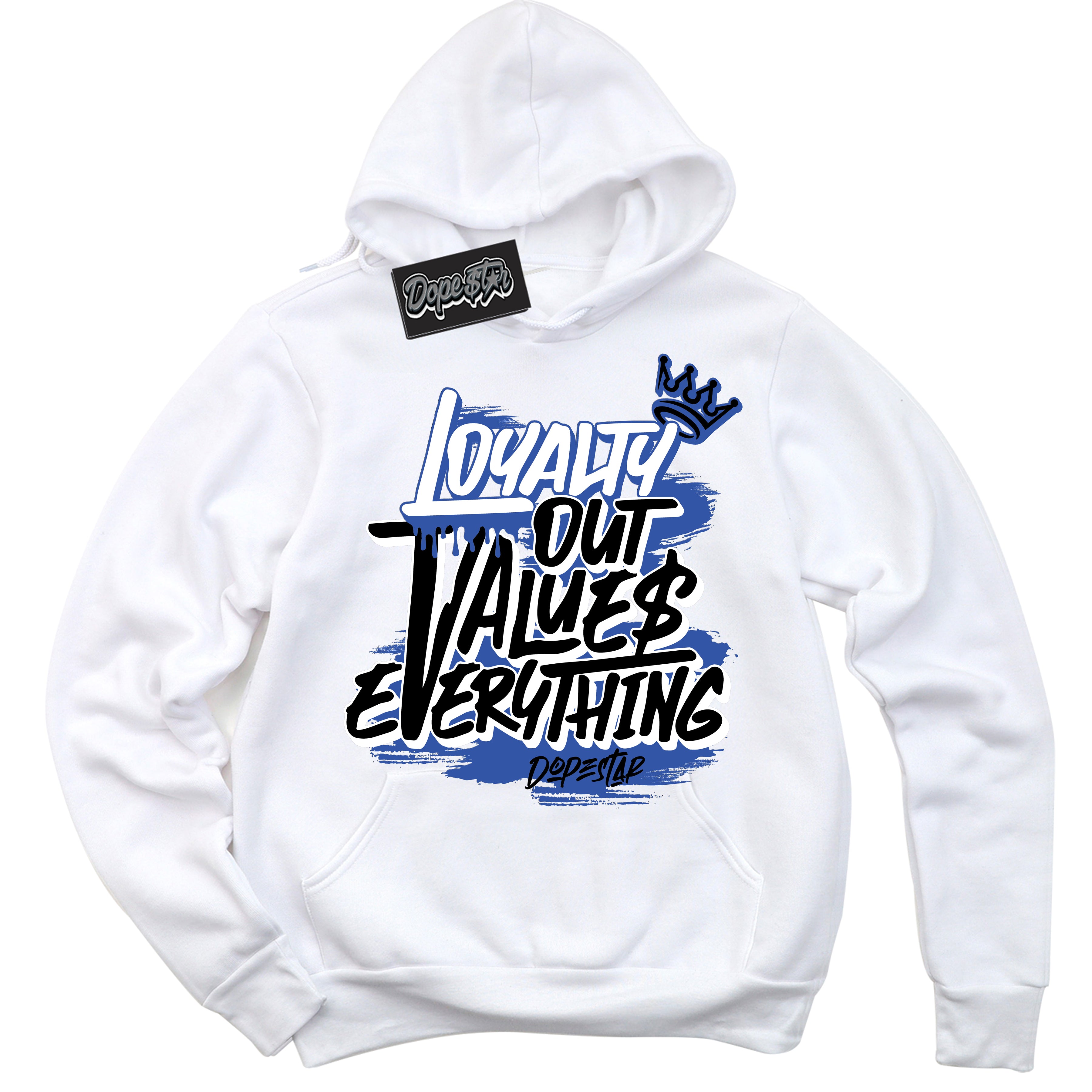 Dunk Low Astronomy Blue 'Loyalty Out Values Everything' Hoodie – White Streetwear Sweatshirt | Sneaker Matching Hoodie for Dunk Low Astronomy Blue | Men's & Women's Streetwear Outfit by Sneaker Shirts Outlet.
