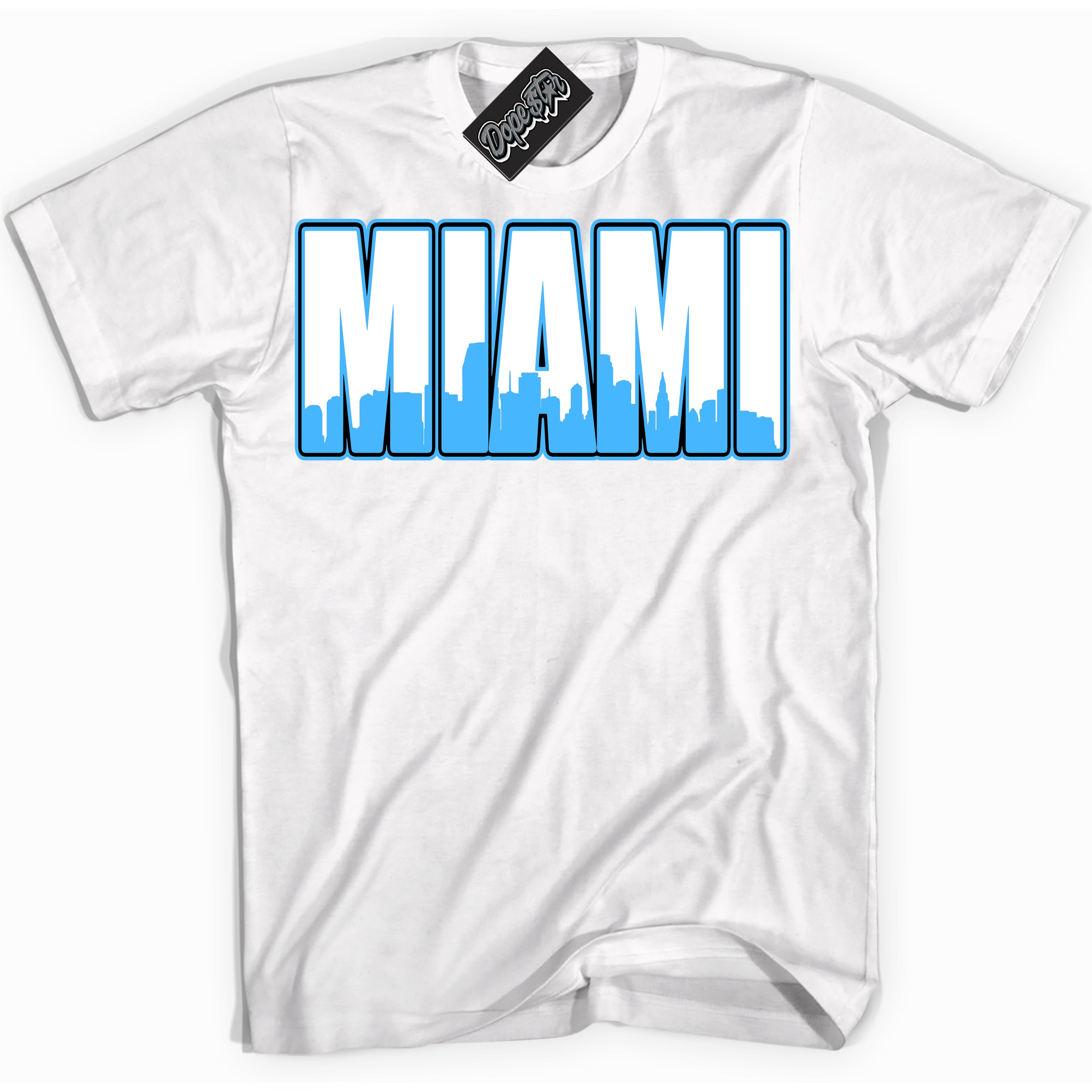 Cool White graphic tee with “ Miami ” design, that perfectly matches Powder Blue 9s sneakers